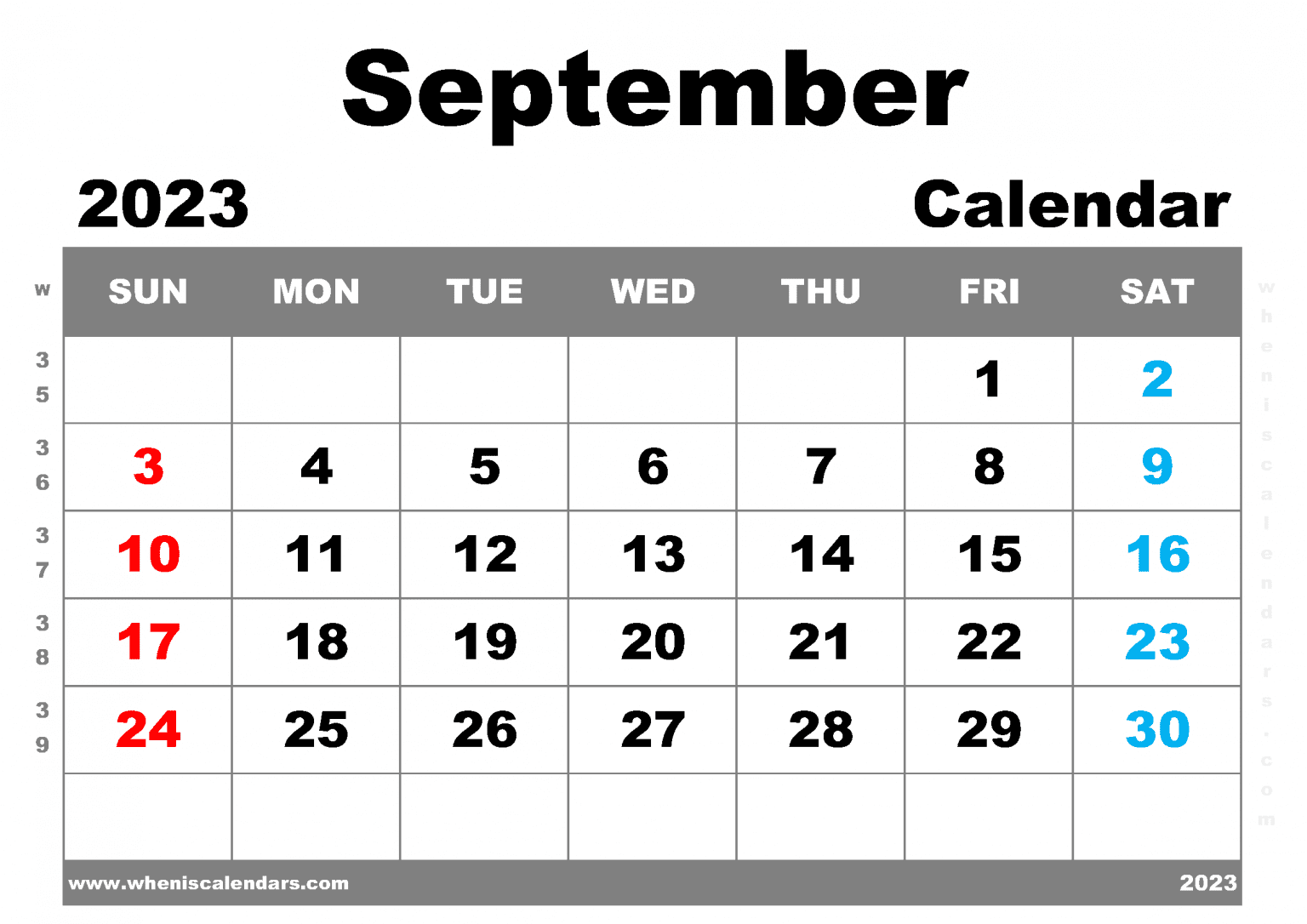 Free Printable September 2023 Calendar With Week Numbers PDF