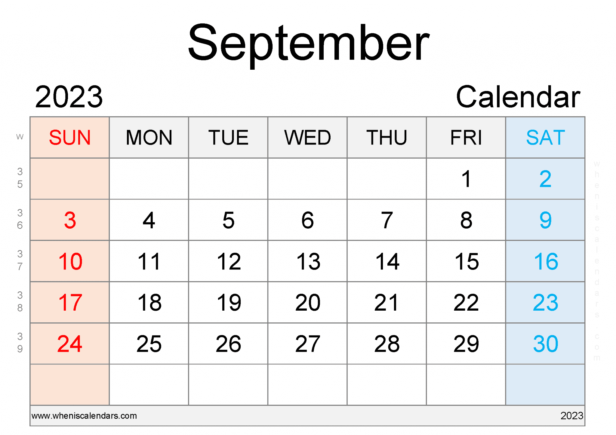 Free Printable September 2023 Calendar With Week Numbers PDF