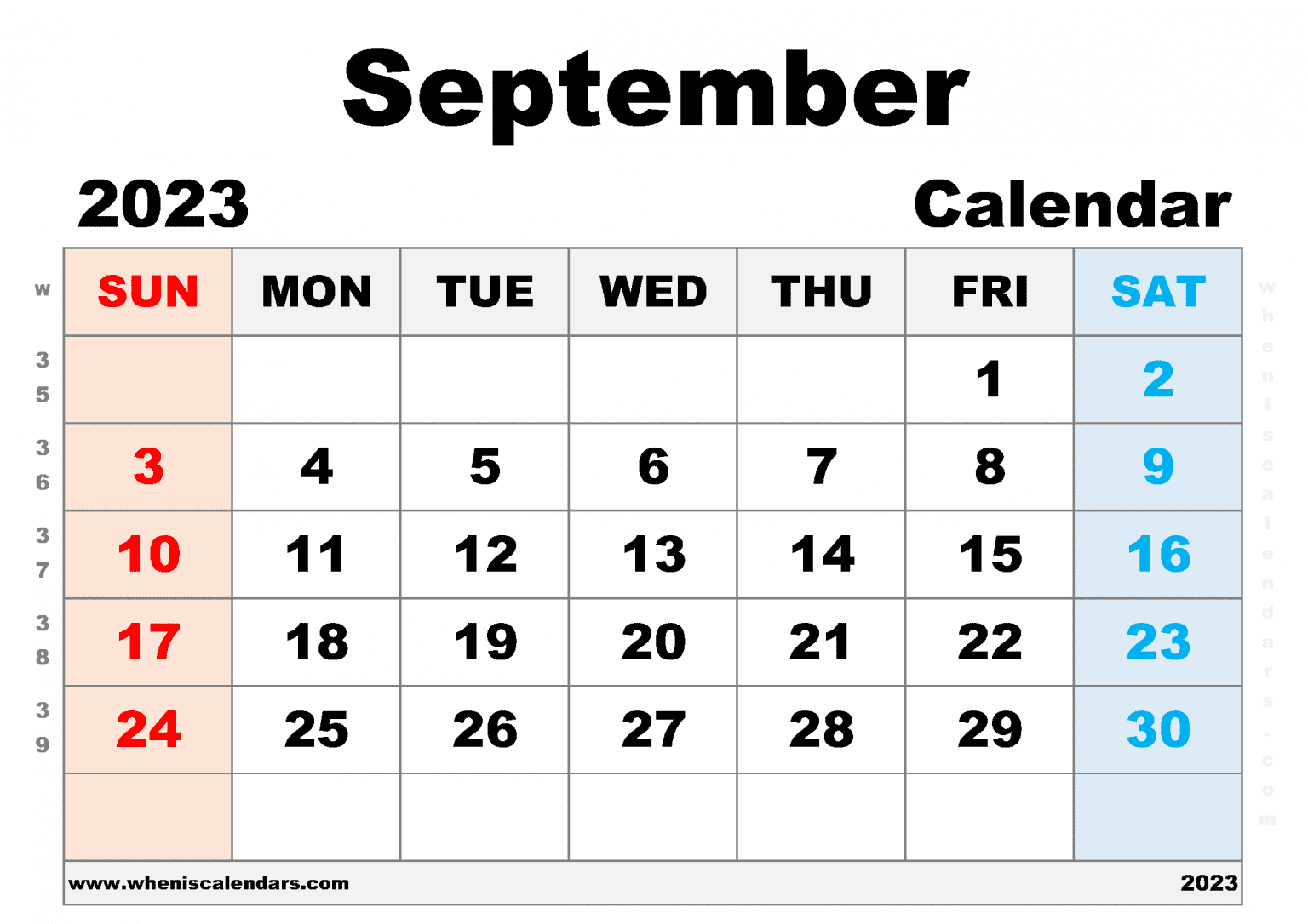 Free Printable September 2023 Calendar With Week Numbers PDF