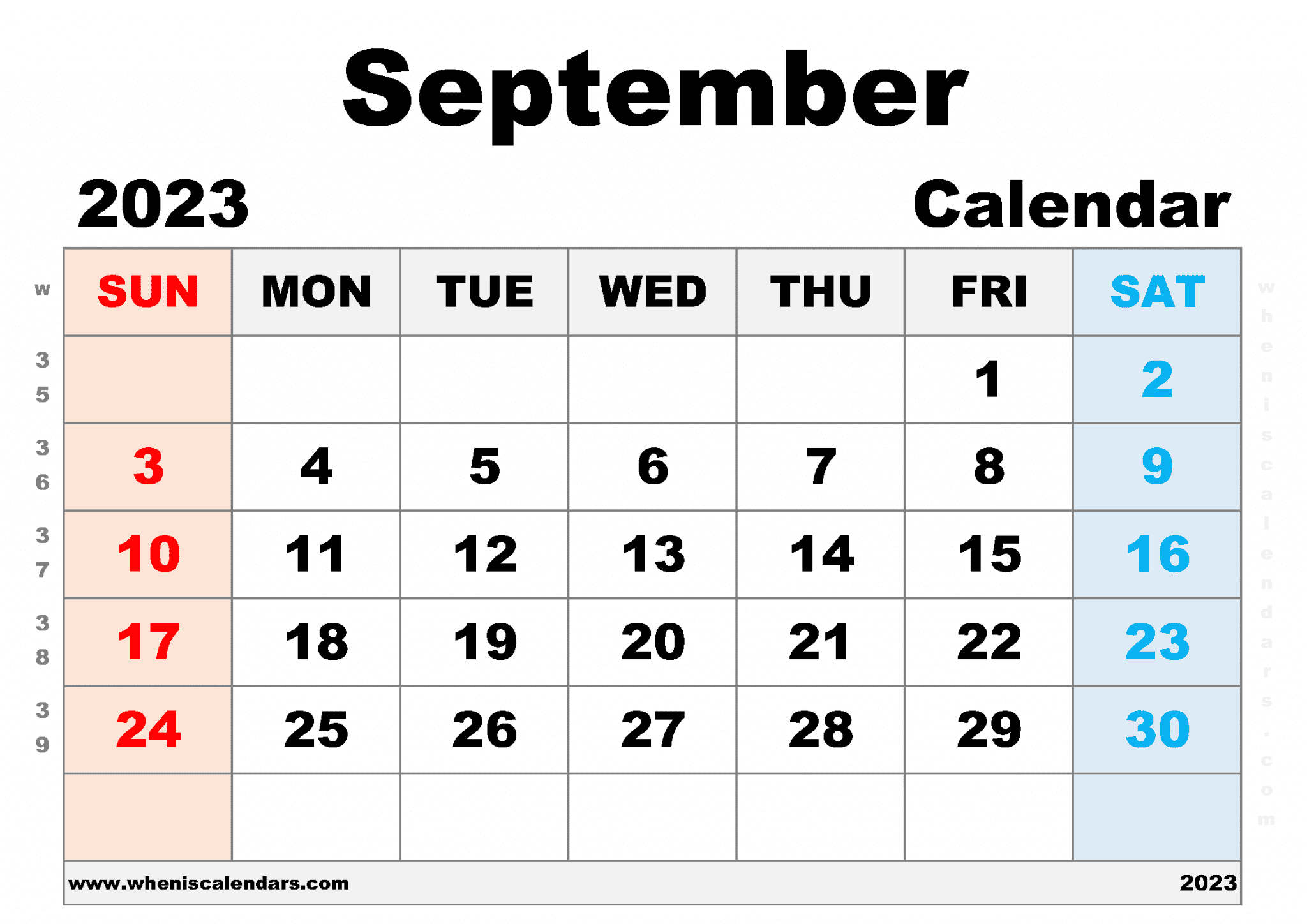 Free Printable September 2023 Calendar With Week Numbers PDF