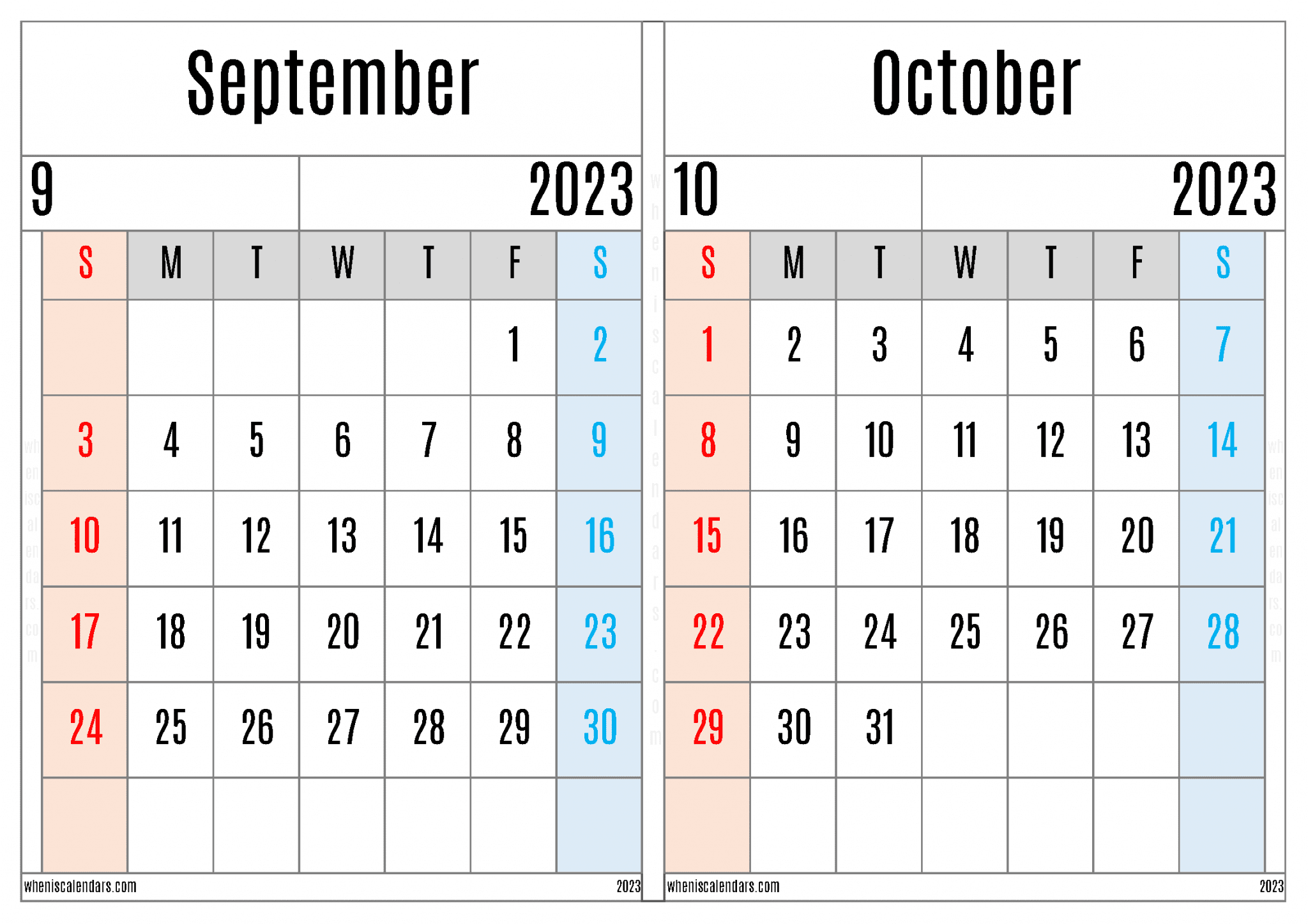 Free September October 2023 Calendar Printable Two Month On A Separate Page