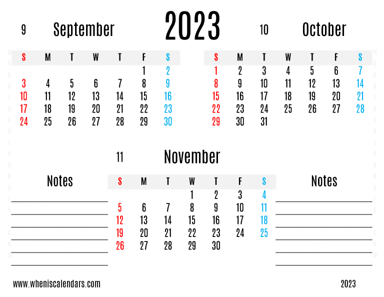 Free September October November 2023 Calendar Printable Quarterly Calendar
