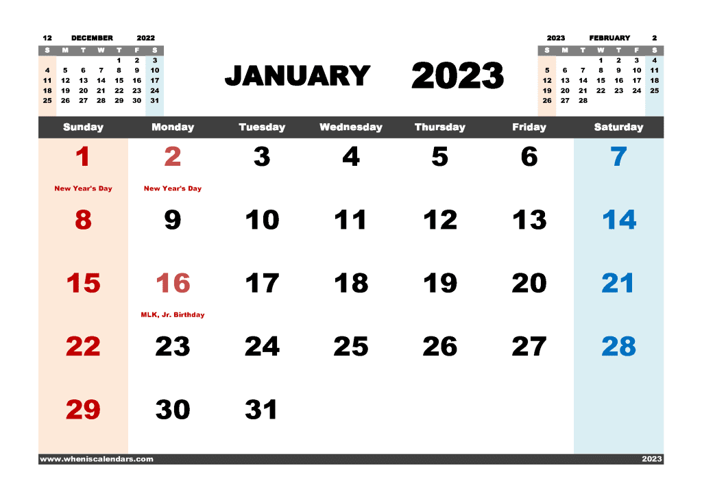 Free January 2023 Calendar Printable Pdf In Landscape Format Name 123pna4hl8 7592