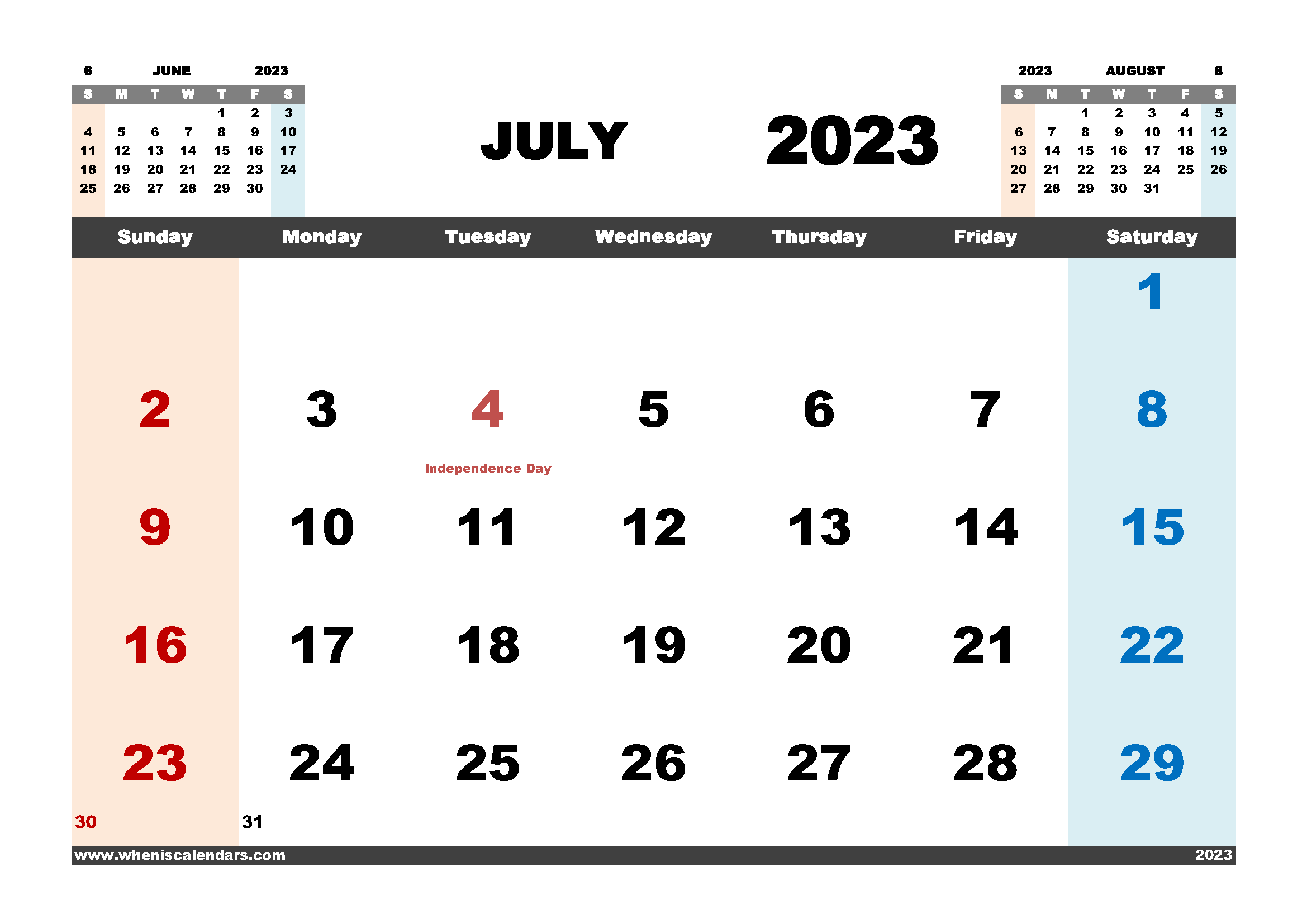 Free July 2023 Calendar Printable PDF In Landscape Format (Name