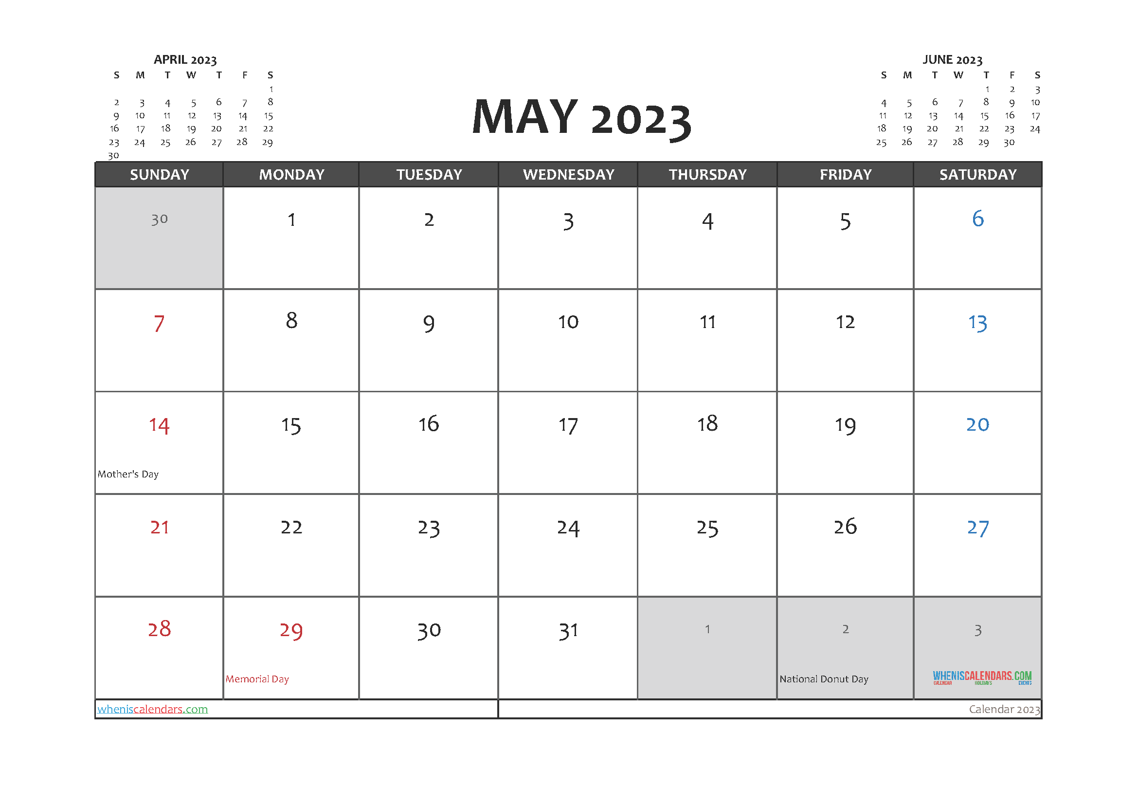  May 2023 Calendar With Holidays Free Printable PDF In Landscape TMP 