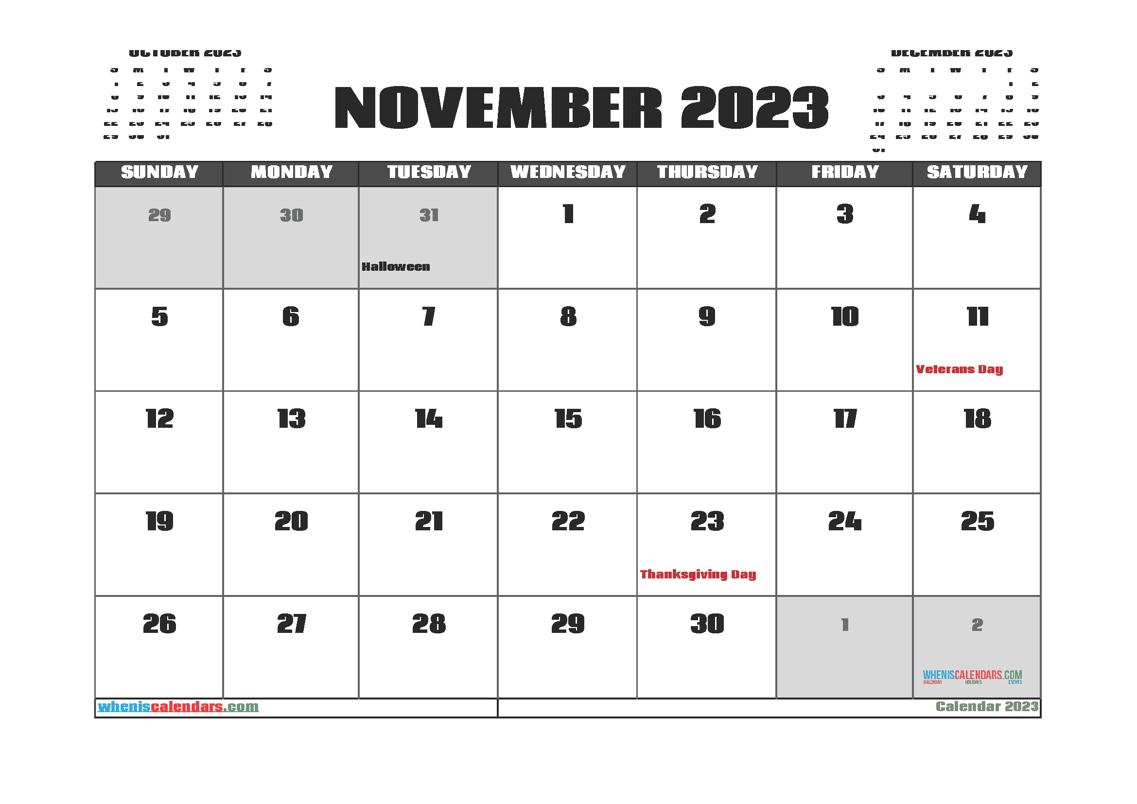 Printable November 2023 Calendar With Holidays Free PDF In Landscape