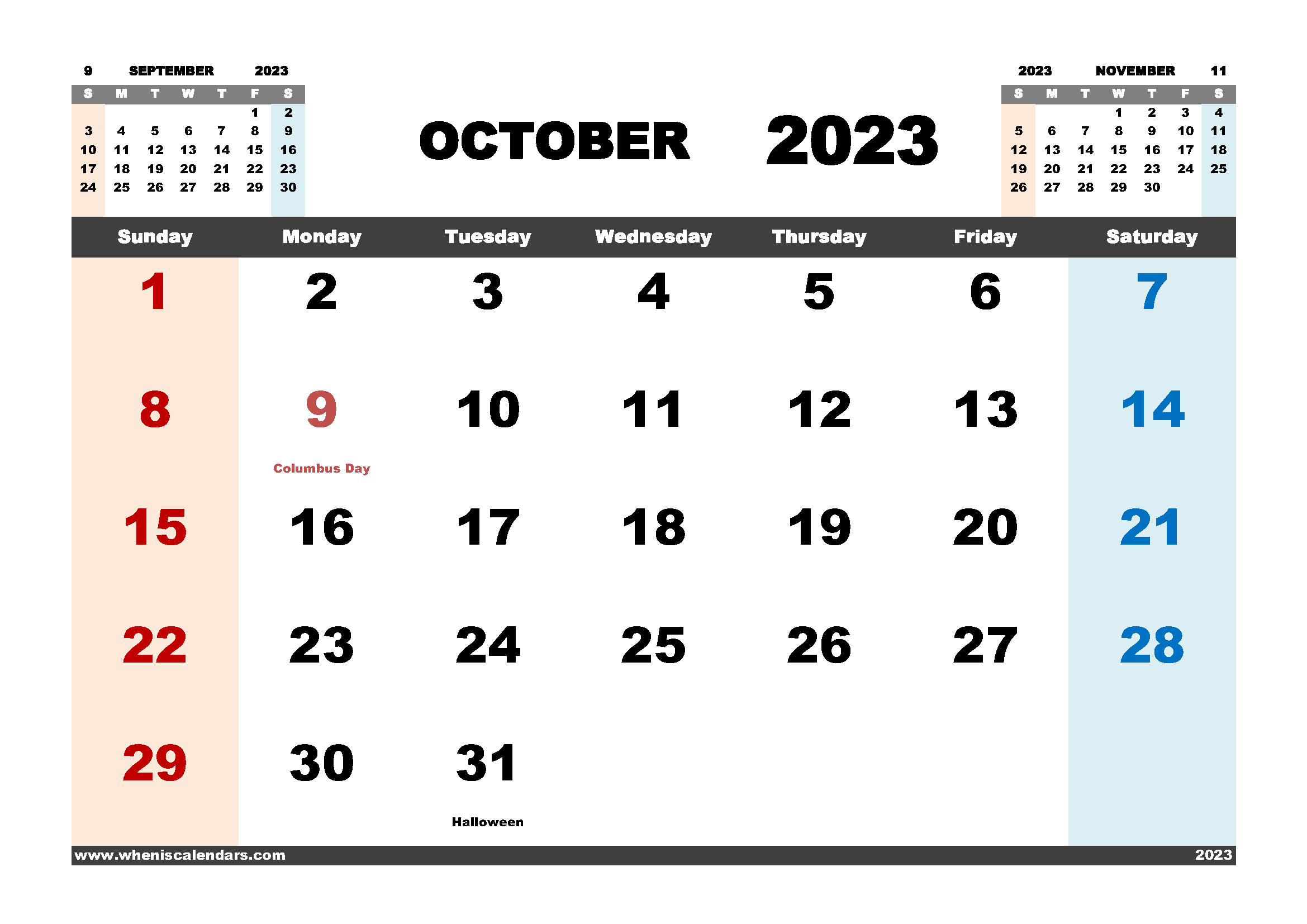 Free October 2023 Calendar Printable PDF In Landscape Format (Name