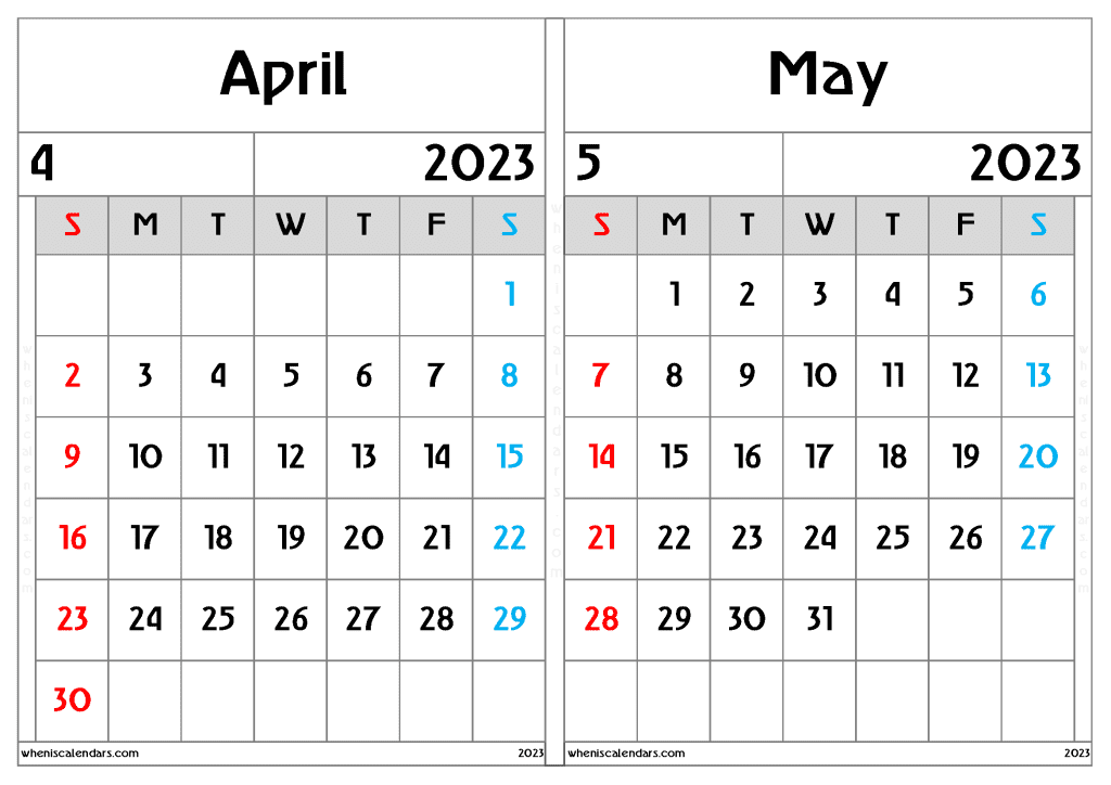 April May Calendar 2023 Free Printable (AM2304)