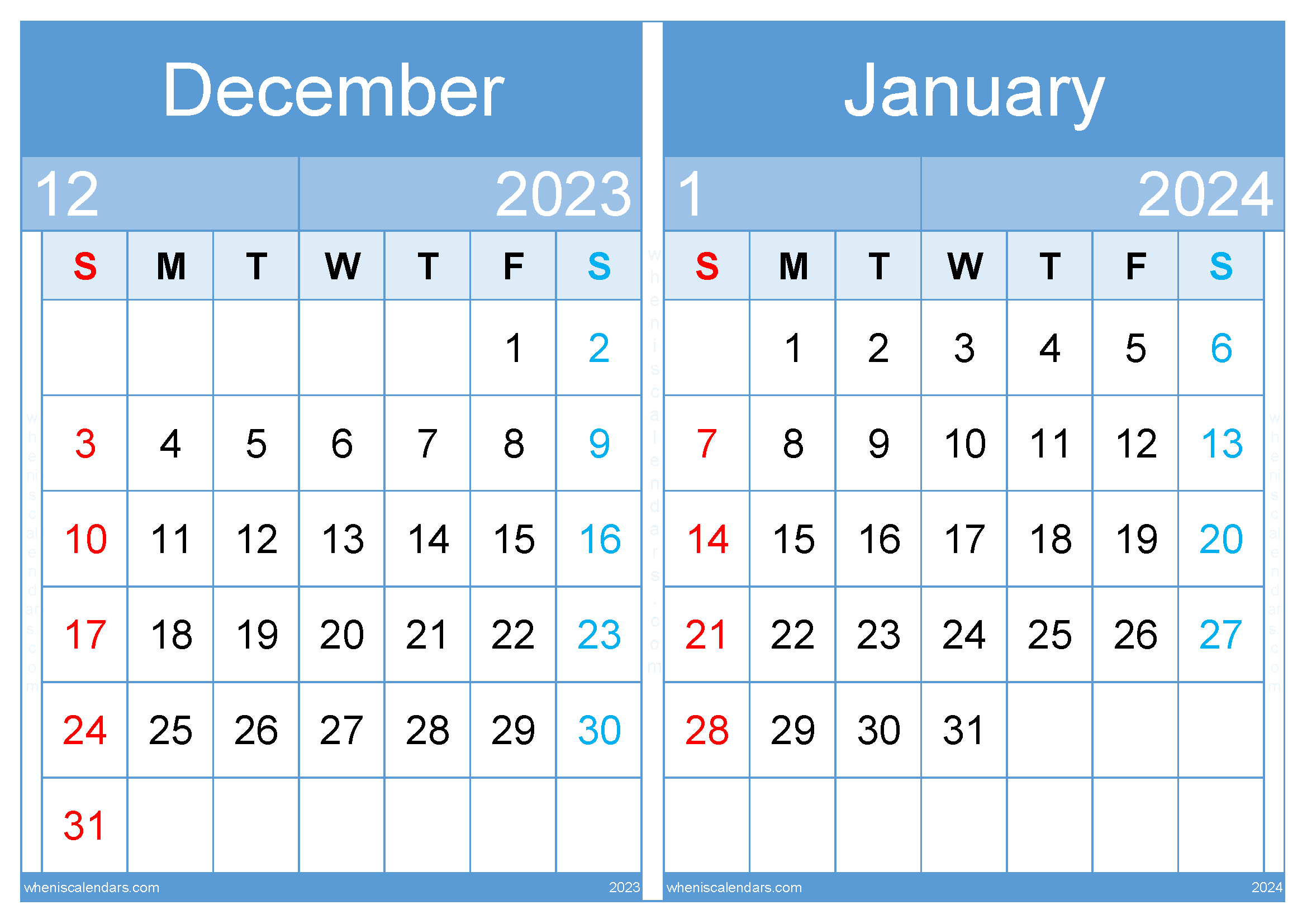 Free Printable December 2023 January 2024 Calendar Template (DJ2311)