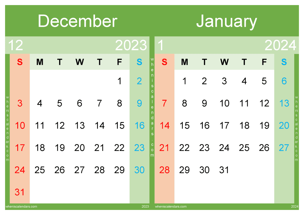 December 2023 And January 2024 Calendar Template (DJ2319)