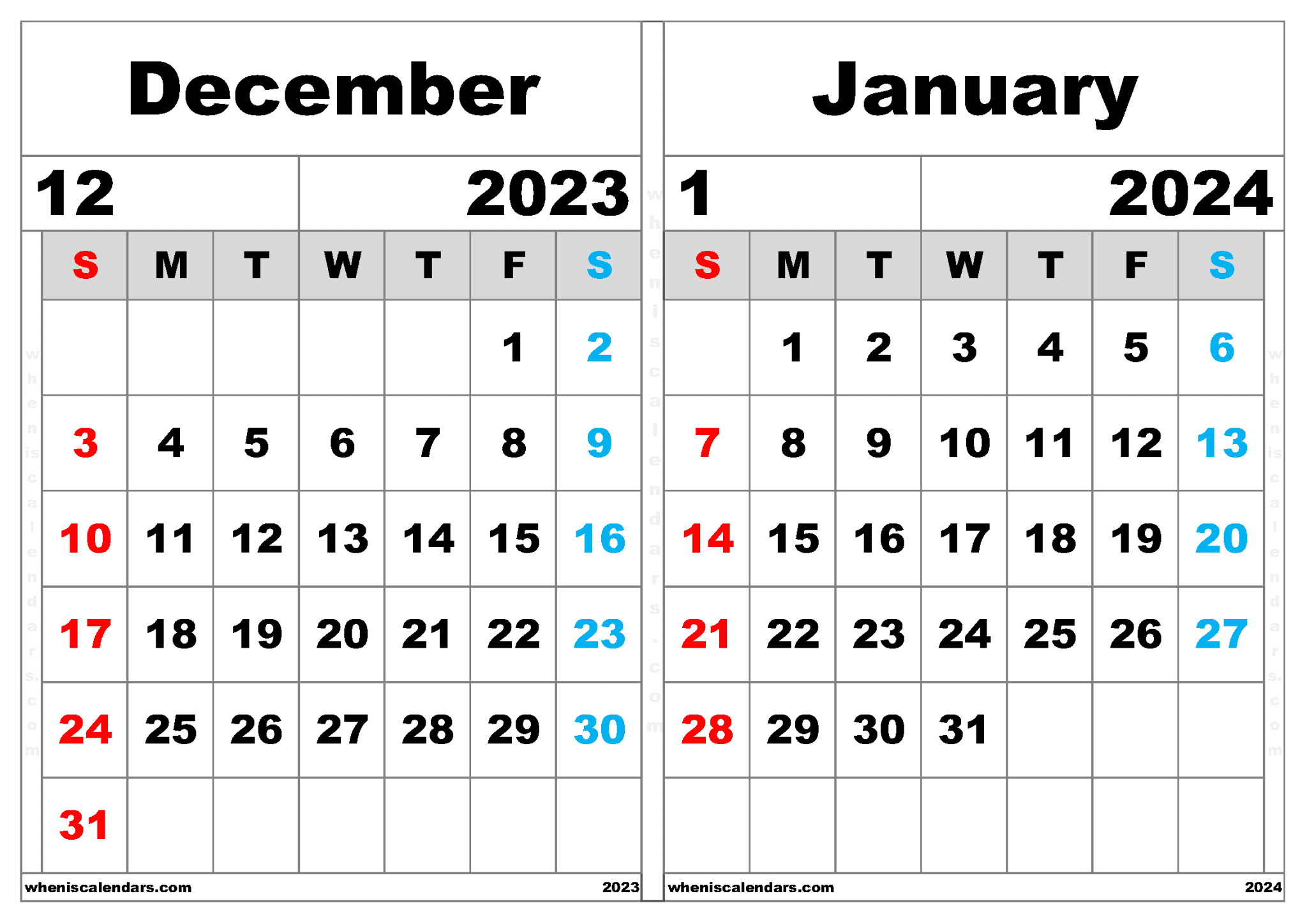 Free December 2023 January 2024 Calendar