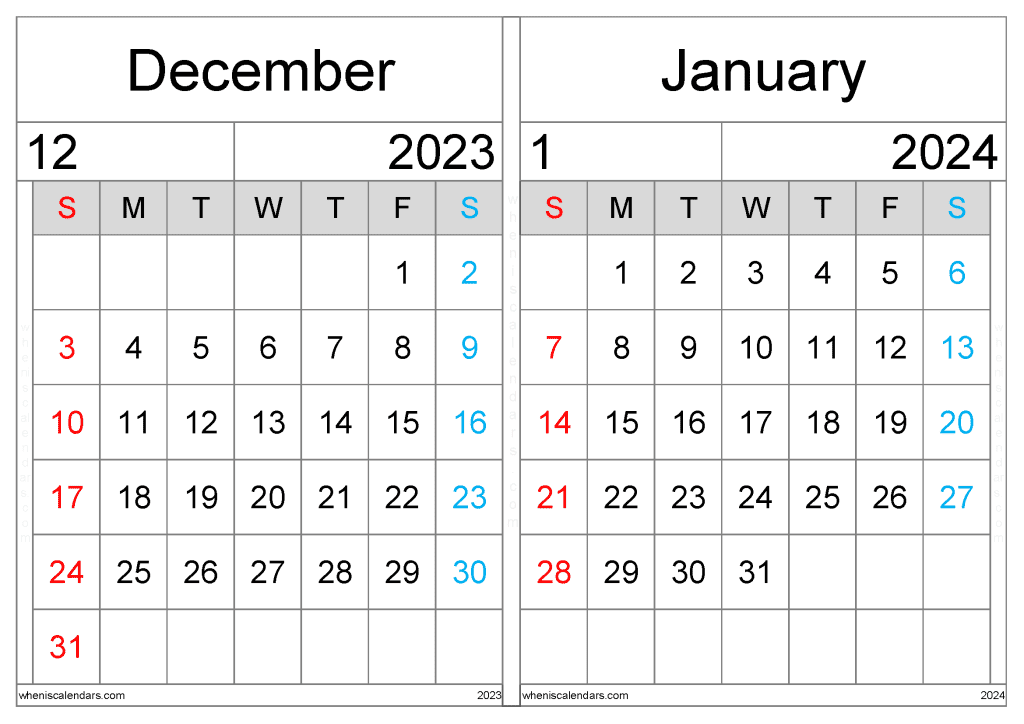 December 2023 January 2024 Calendar Printable PDF (DJ2303)