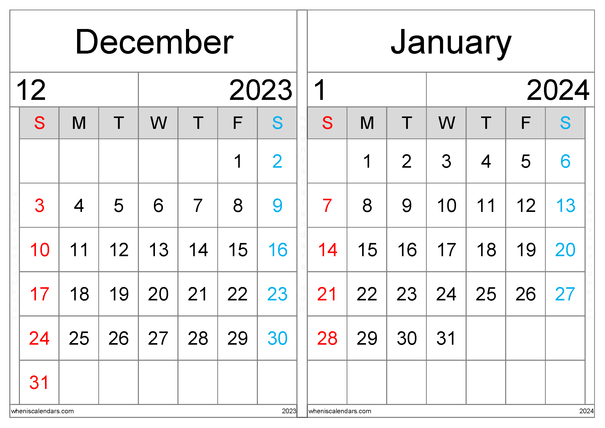 December 2023 January 2024 Calendar Printable PDF (DJ2303)