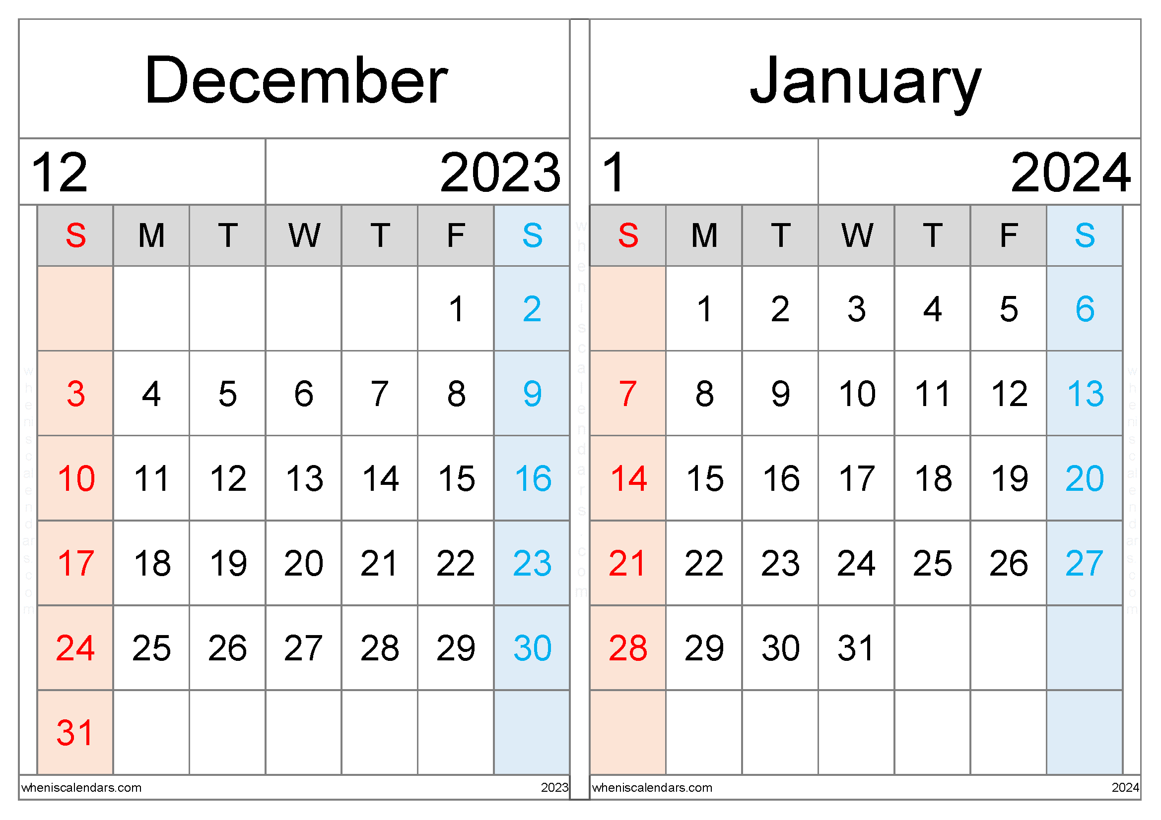 December 2023 And January 2024 Calendar Template (DJ2307)