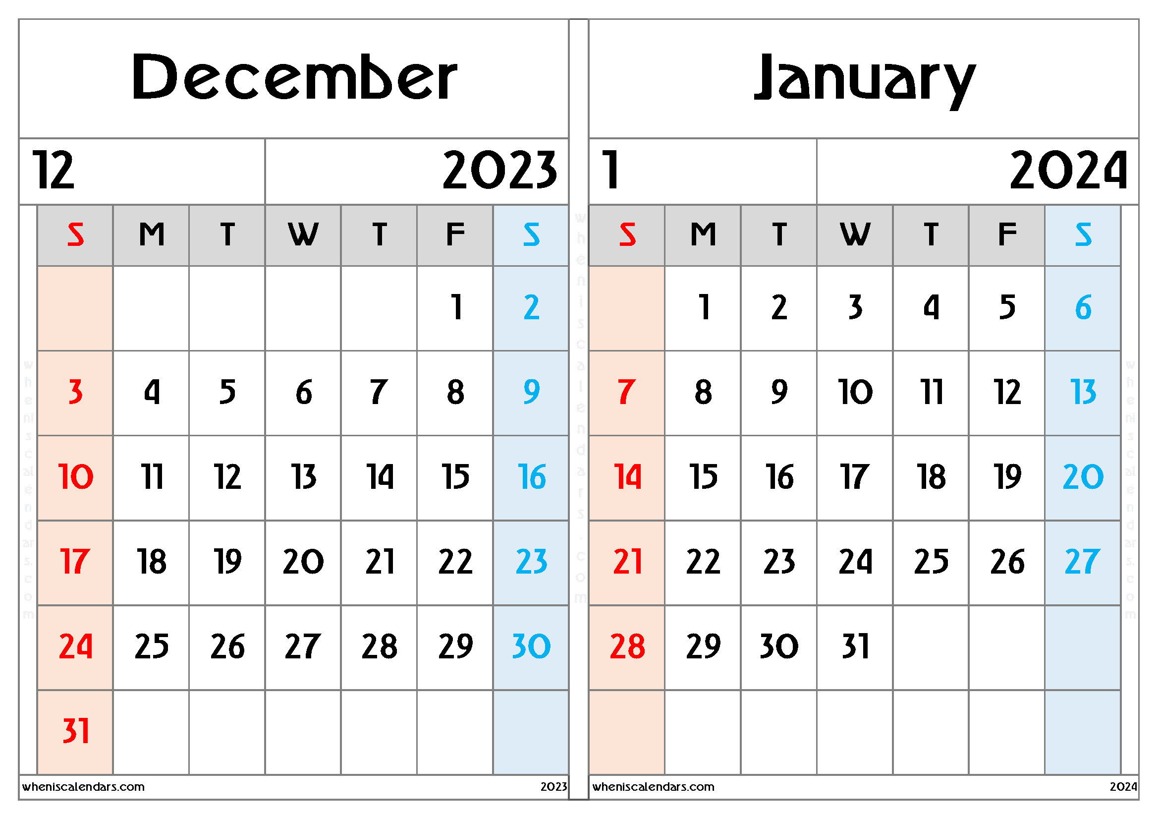 Free December 2023 And January 2024 Calendar (DJ2308)