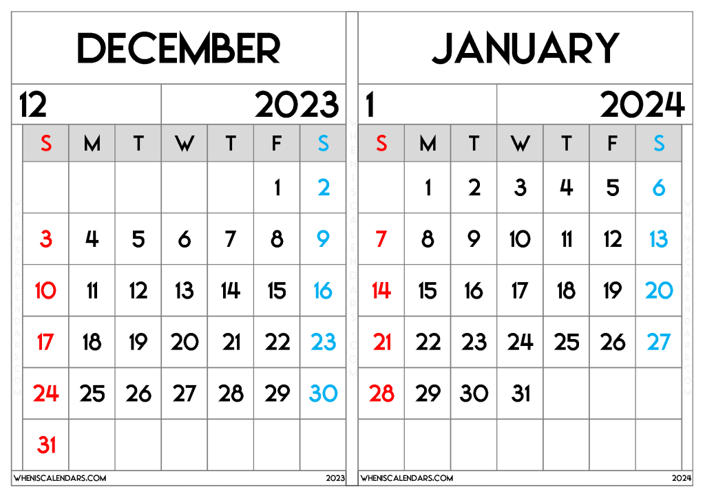 December 2023 January 2024 Calendar Free Printable (DJ2310)