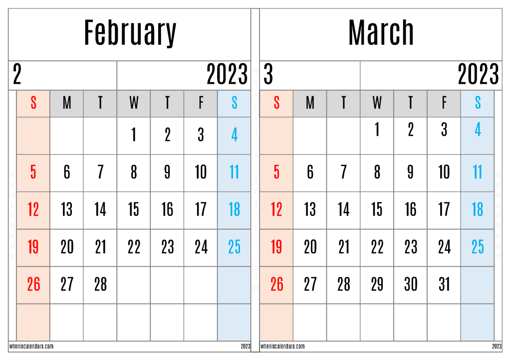 Free Printable February March 2023 Calendar Template (FM2305)