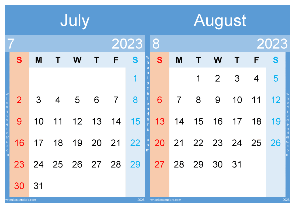 July August 2023 Calendar Free Printable (JA2315)