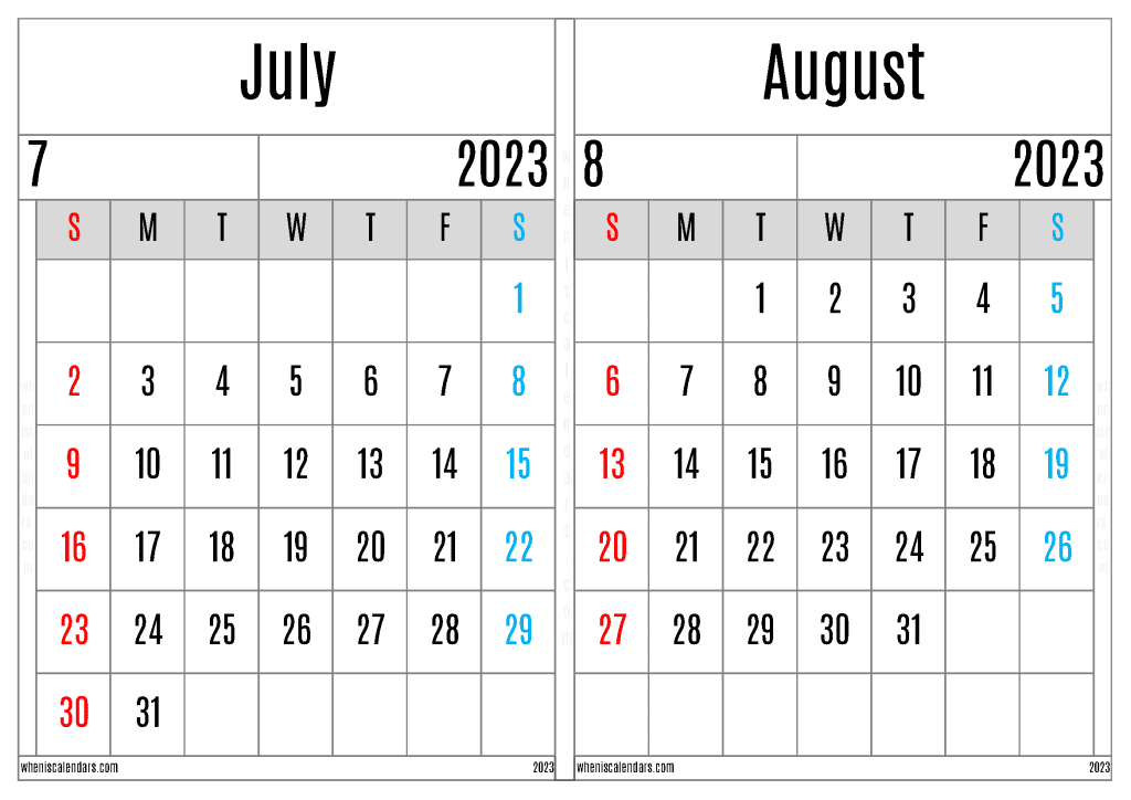 July August 2023 Calendar Template (JA2301)