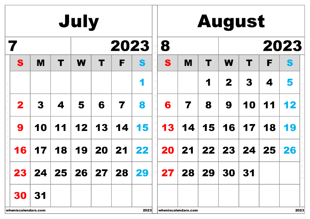 Free July August 2023 Calendar Template (JA2302)