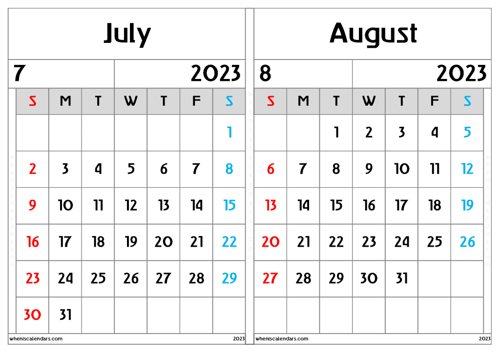 Calendar July August 2023 Printable (JA2304)