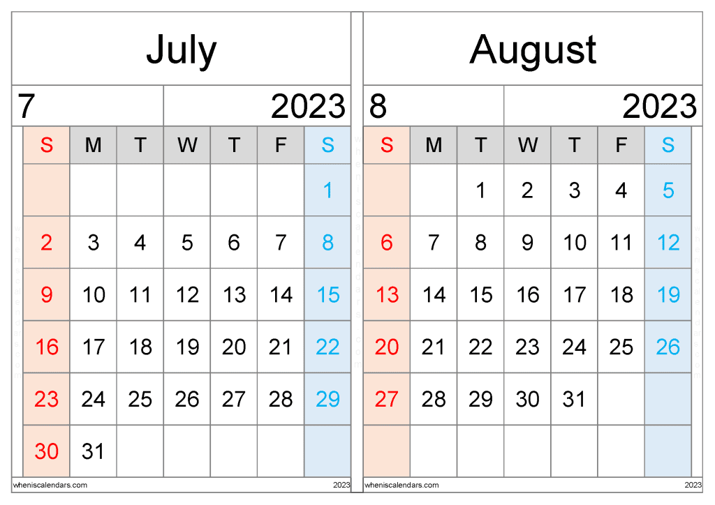 July August 2023 Calendar Template Ja2307