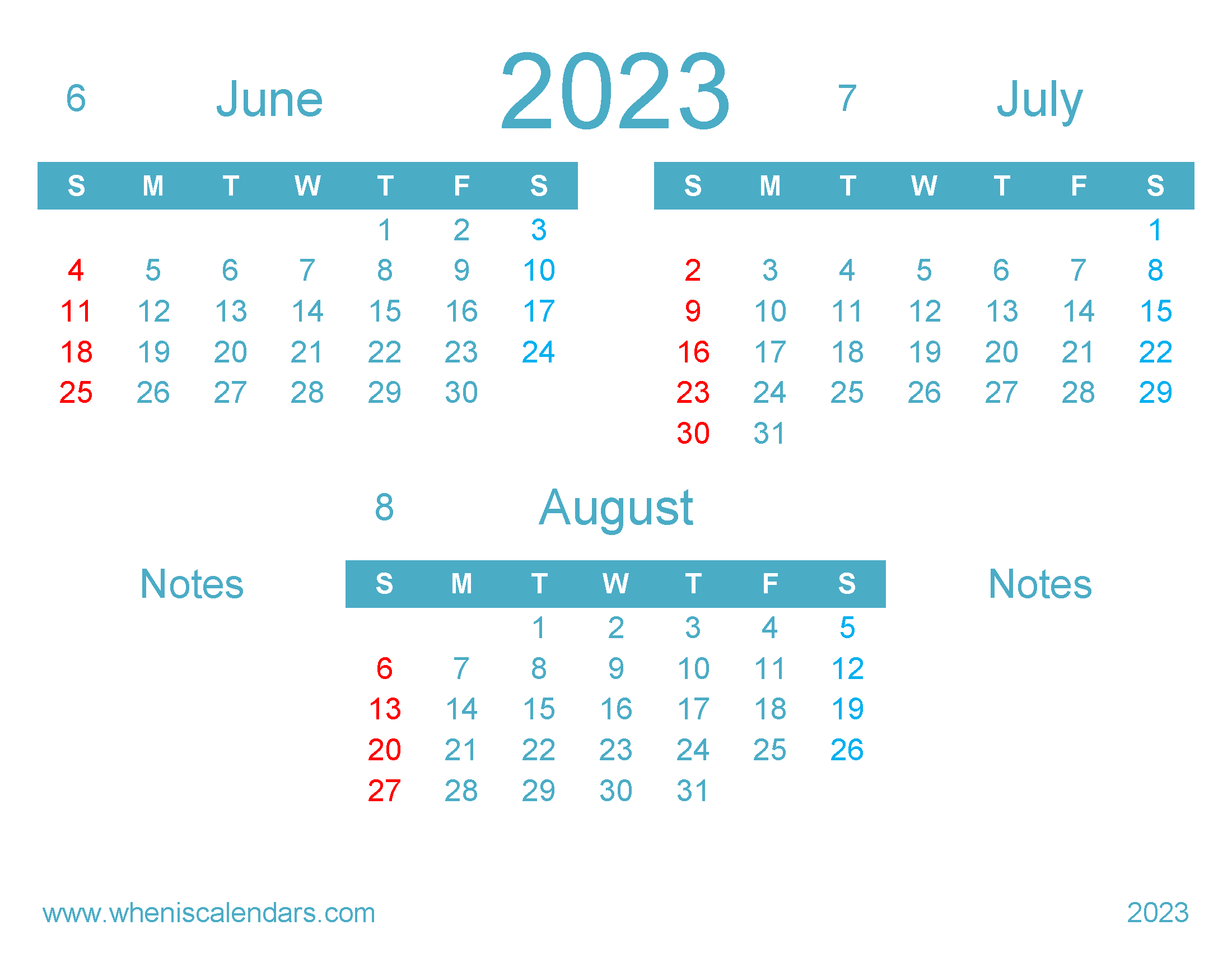 Free Calendar June July August 2023 (Template 23678Q3)