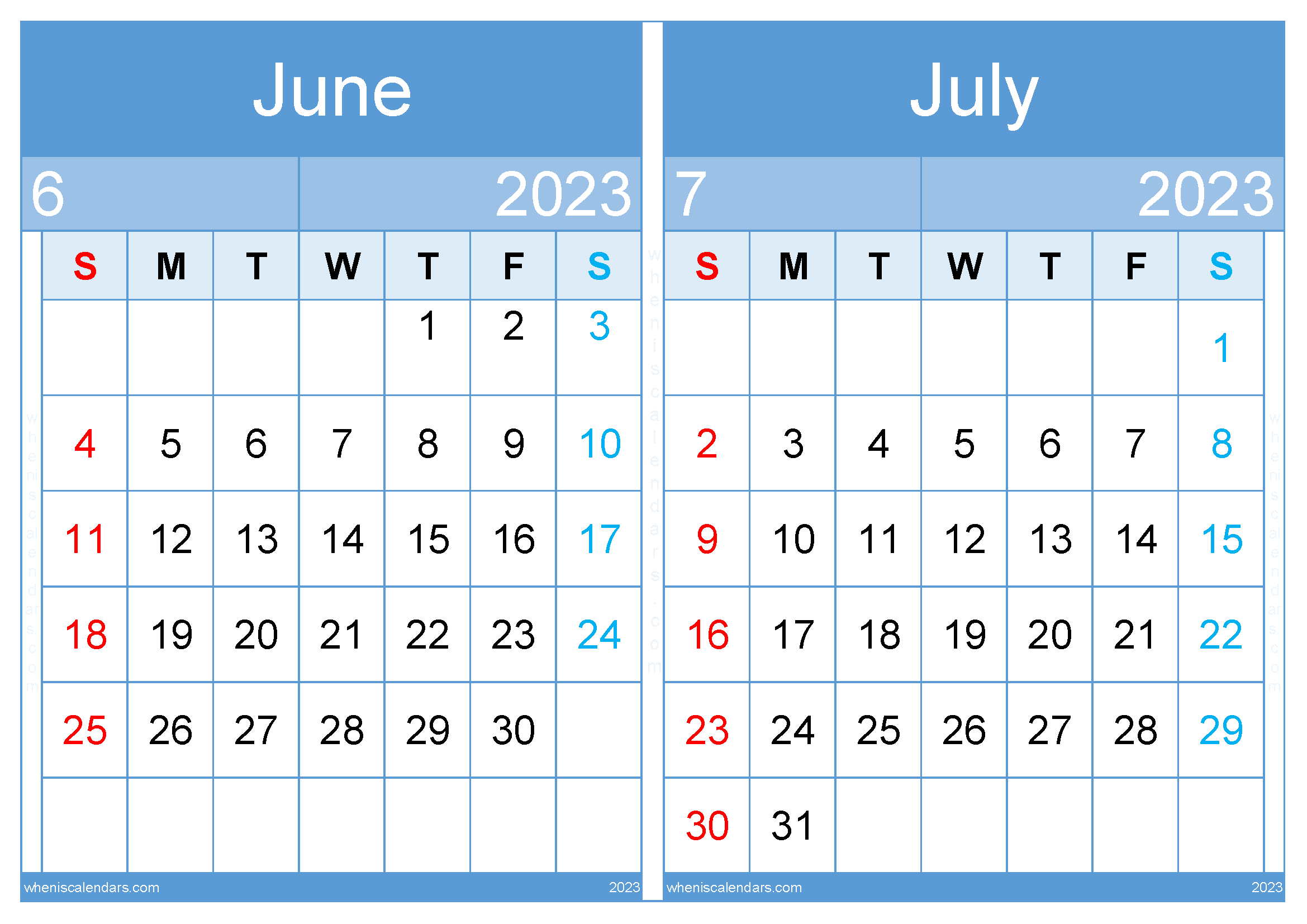 Free Printable June July 2023 Calendar Template (JJ2311)