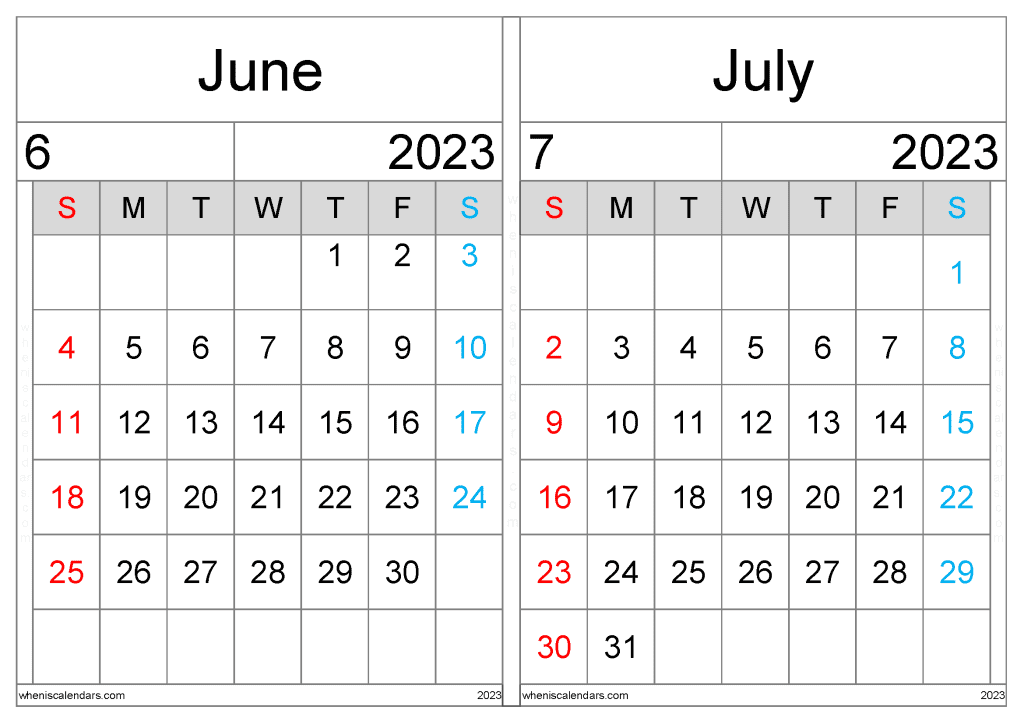 June July 2023 Calendar Printable PDF (JJ2303)