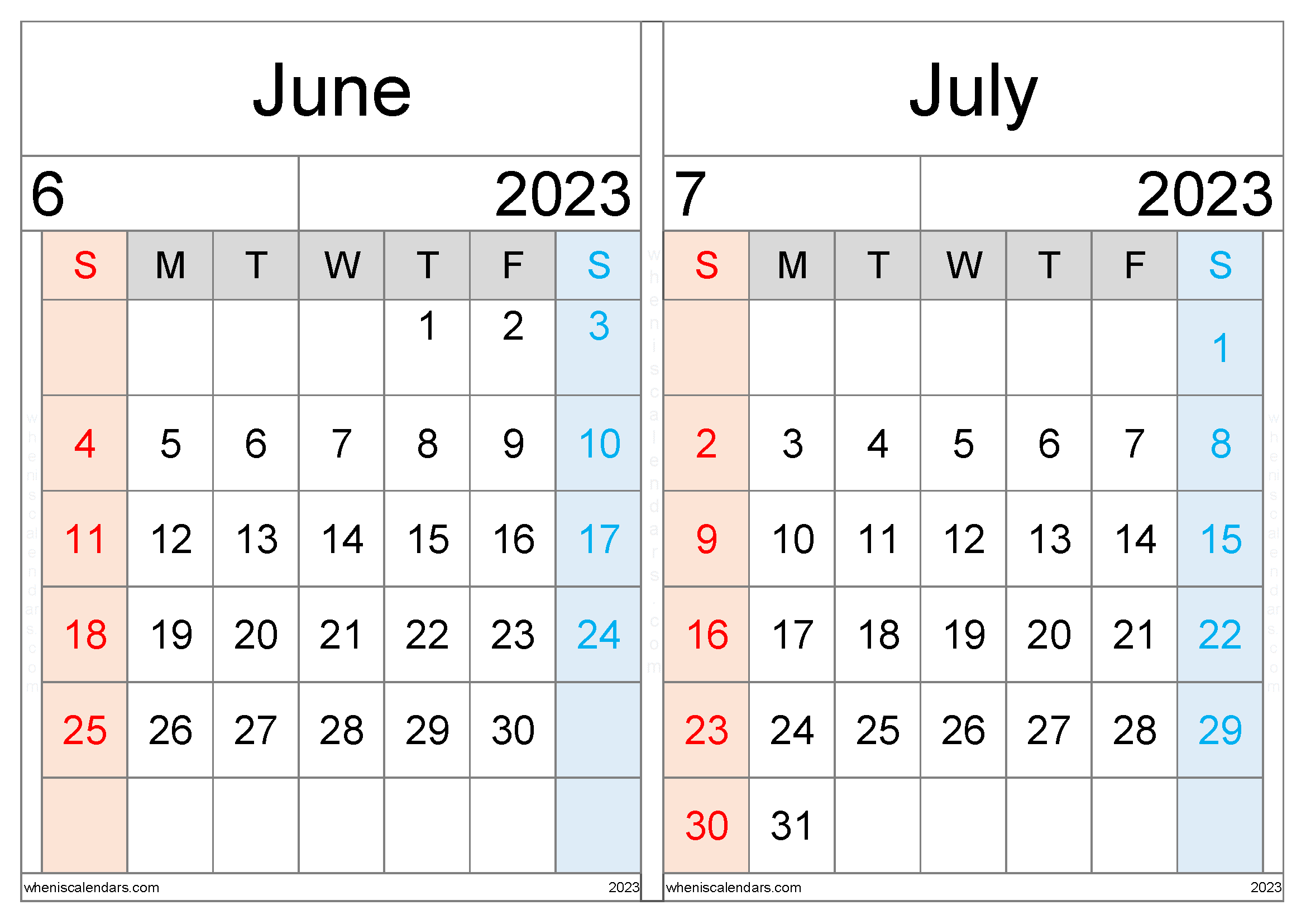 June And July 2023 Calendar Template (JJ2307)