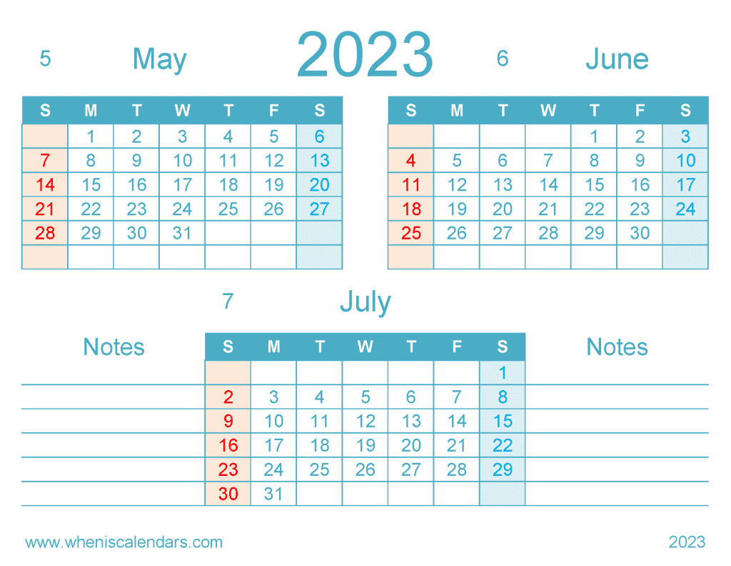 Free May June July 2023 Calendar (Template: 23567Q1)