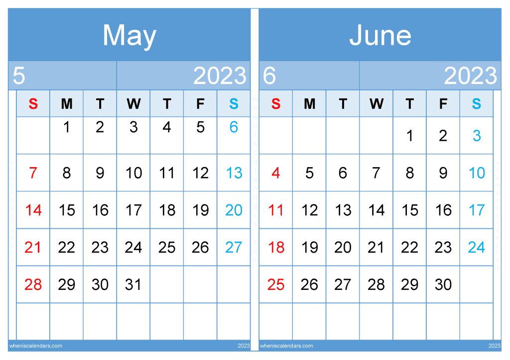 May June 2023 Calendar PDF Printable (MJ2311)