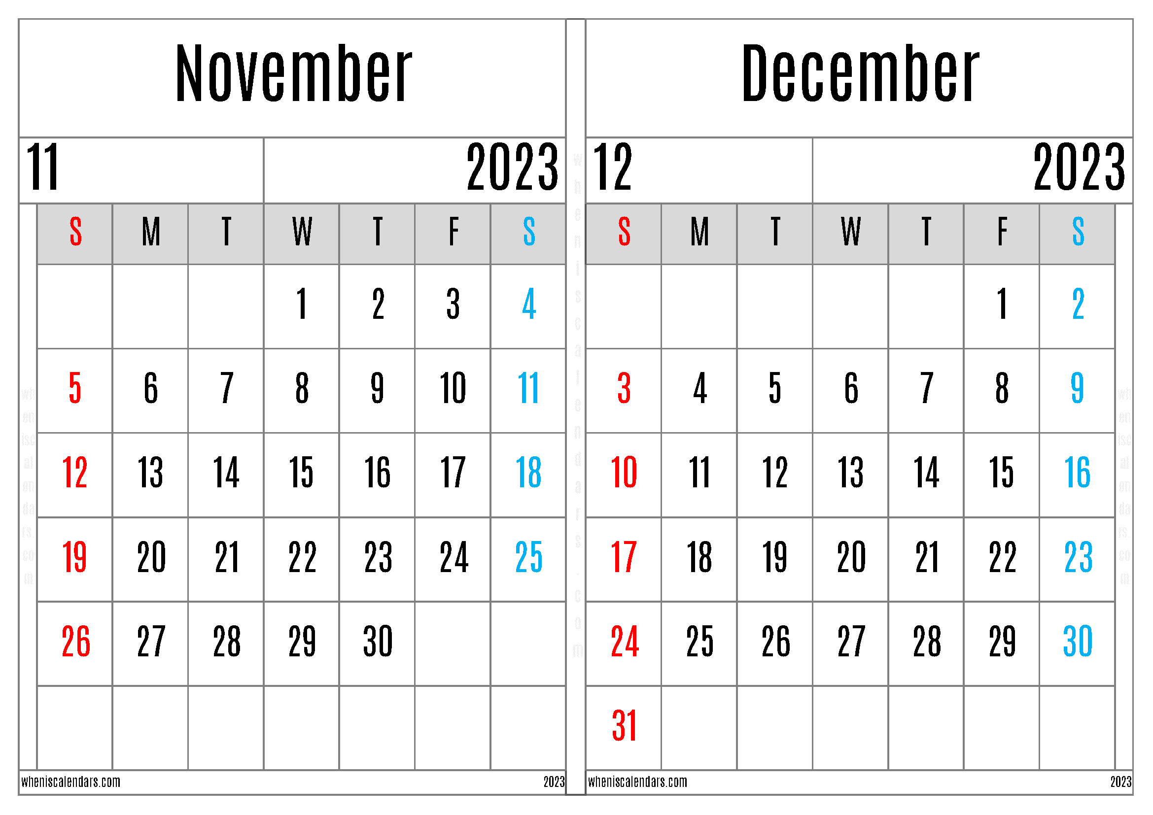November December 2023 Calendar Template (ND2301)