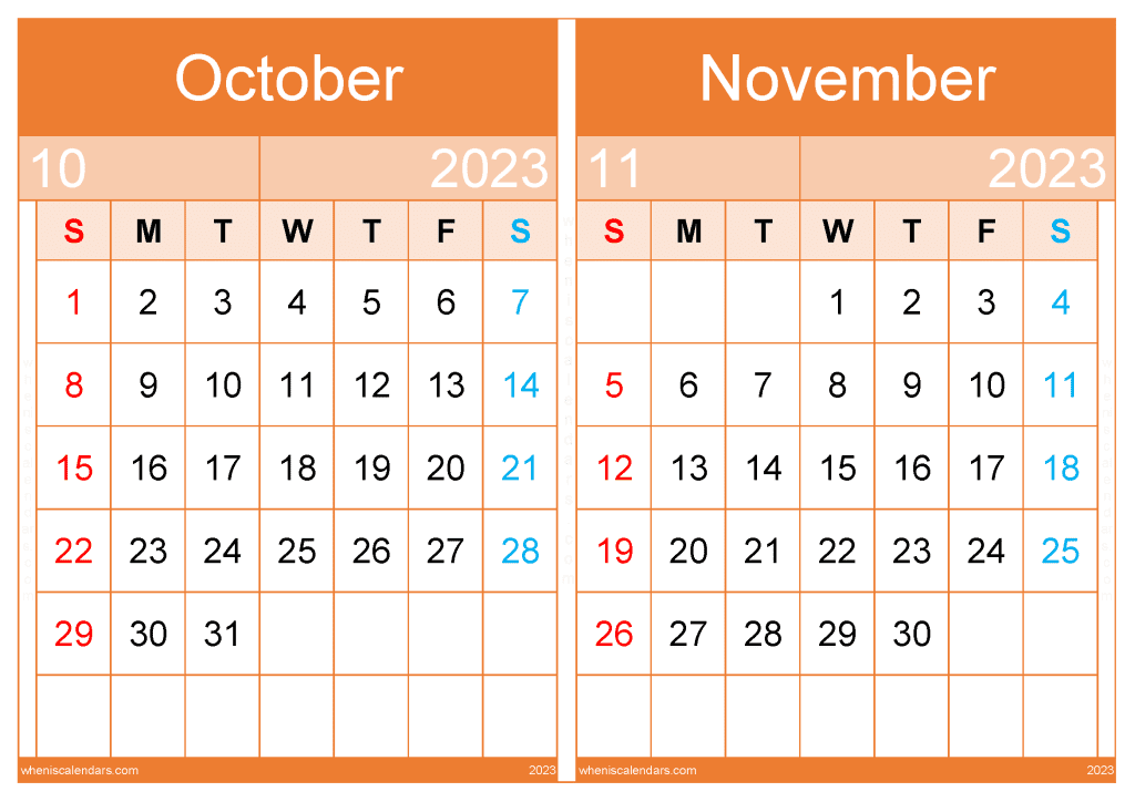 Calendar October And November 2023 Template (ON2312)