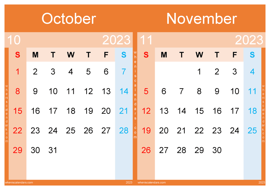 October November Calendar 2023 Free Printable (ON2316)