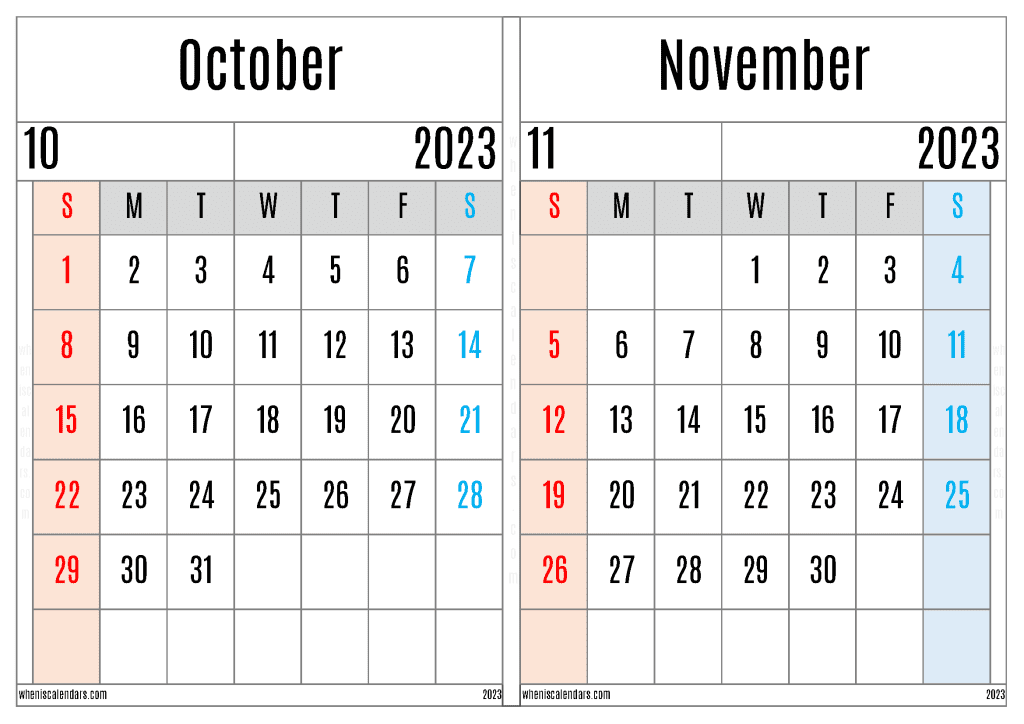 Free Printable October November 2023 Calendar Template (ON2305)