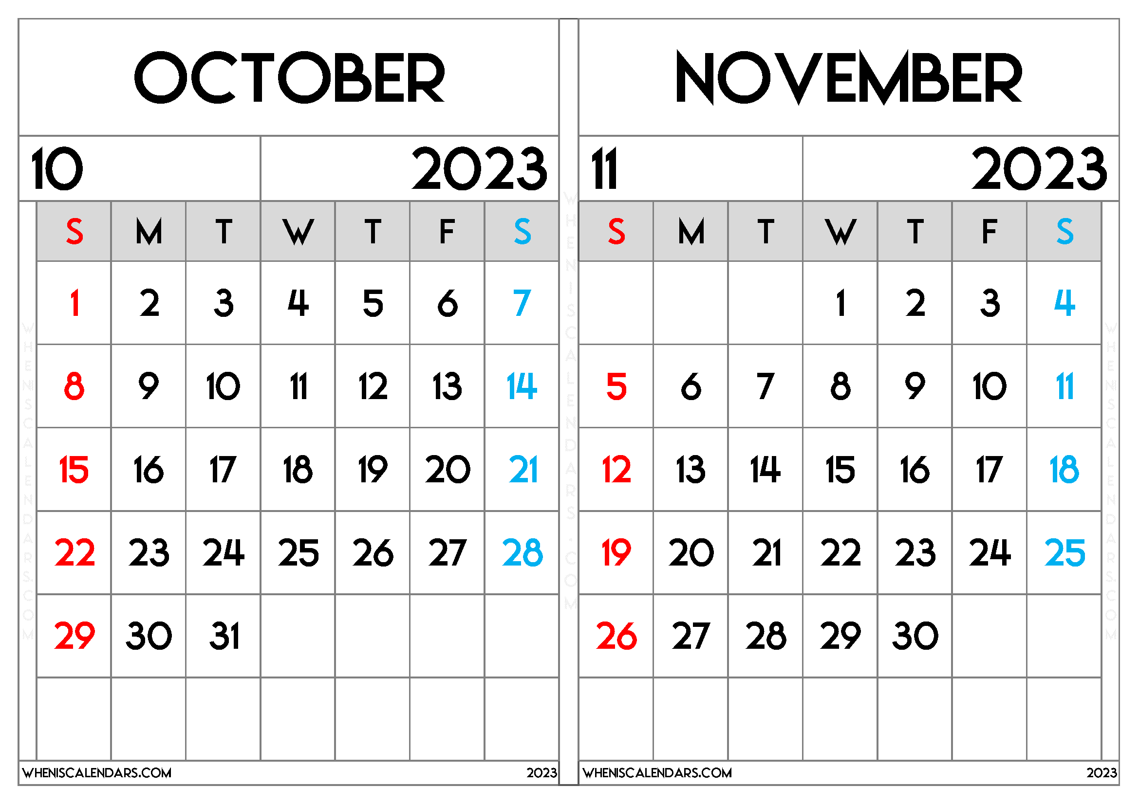 October November Calendar 2023 Free Printable (ON2310)