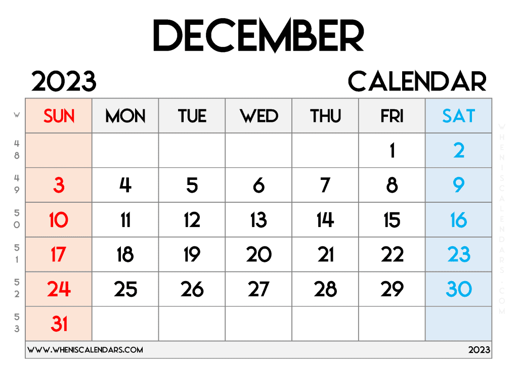 Printable Monthly Calendar December 2023