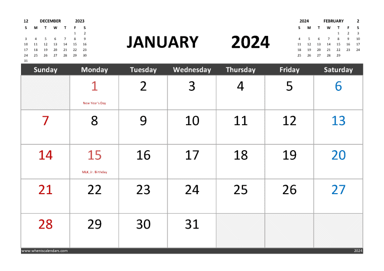 Free Printable January 2024 Calendar With Holidays Monthly Design