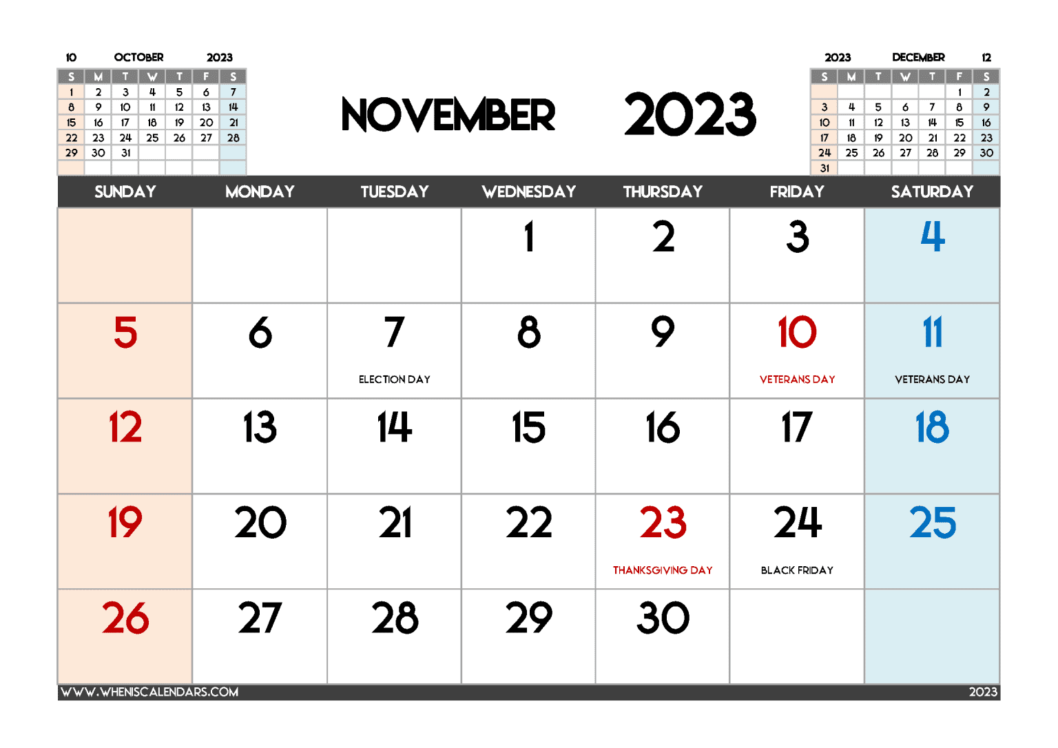 Free Printable November 2023 Calendar With Holidays