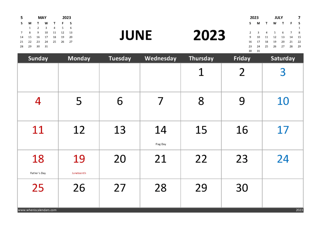 Free June 2023 Calendar With Holidays Printable