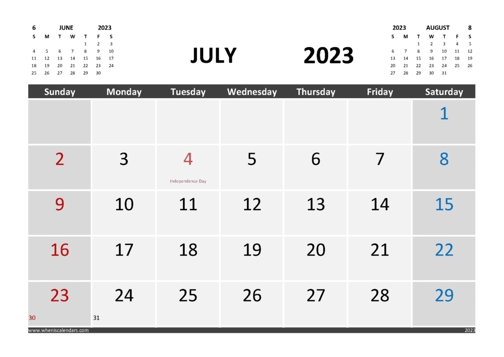 July 2023 Printable Calendar Free With Holidays