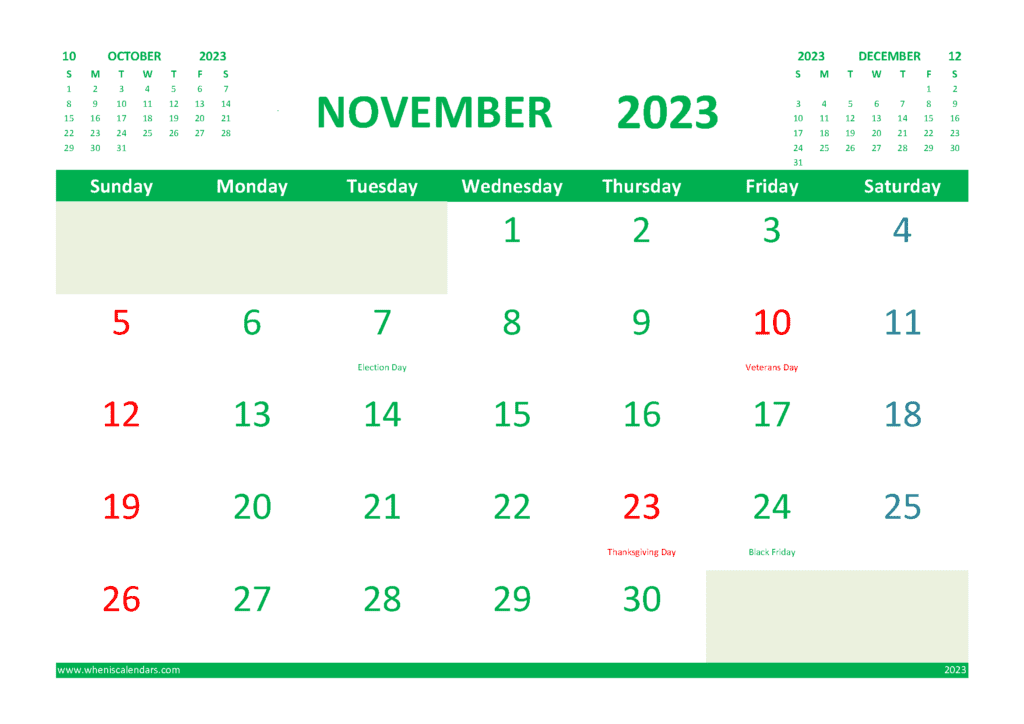 Nov 2024 Calendar With Holidays Printable Free