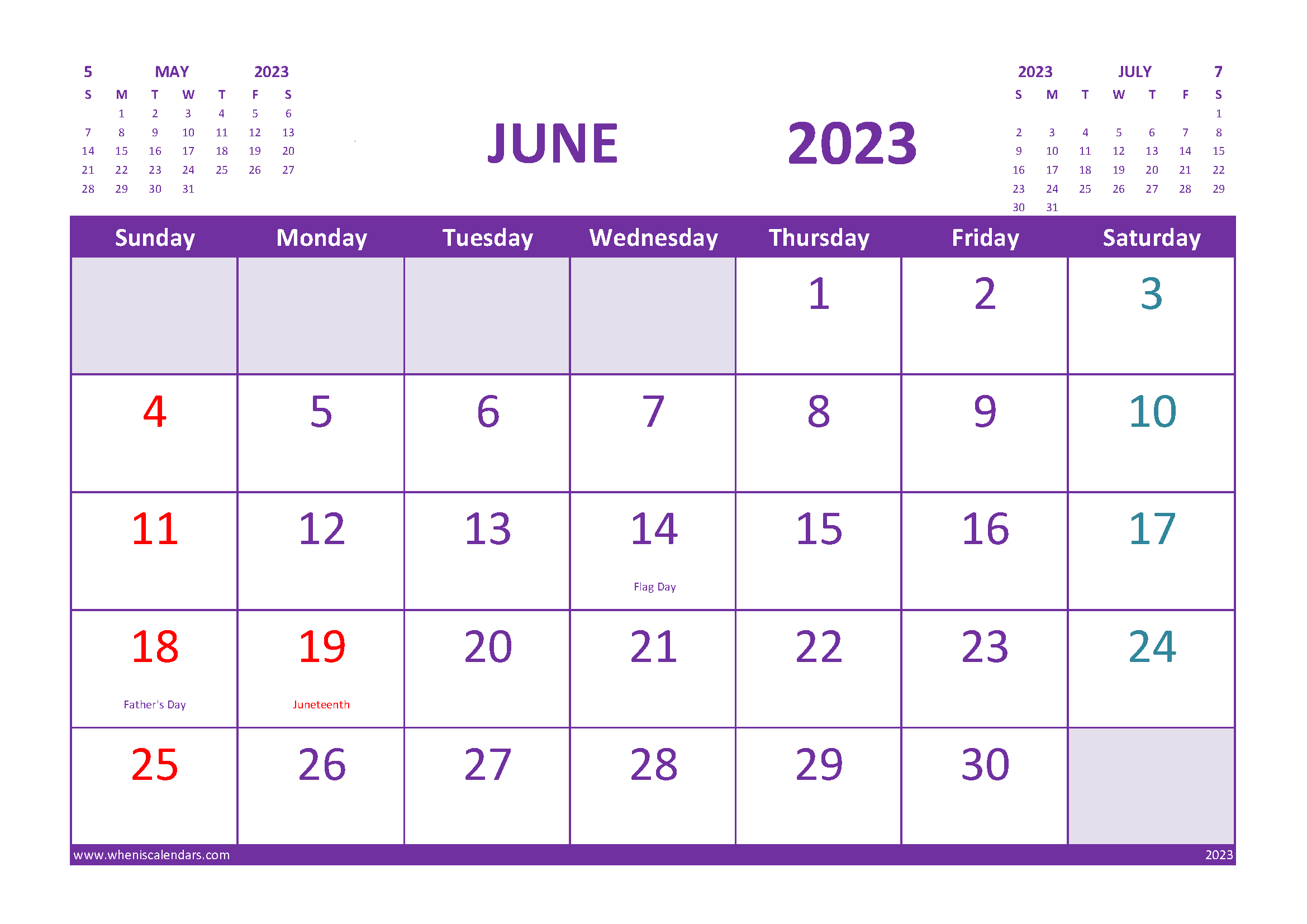 Free Printable Calendar June 2023 With Holidays
