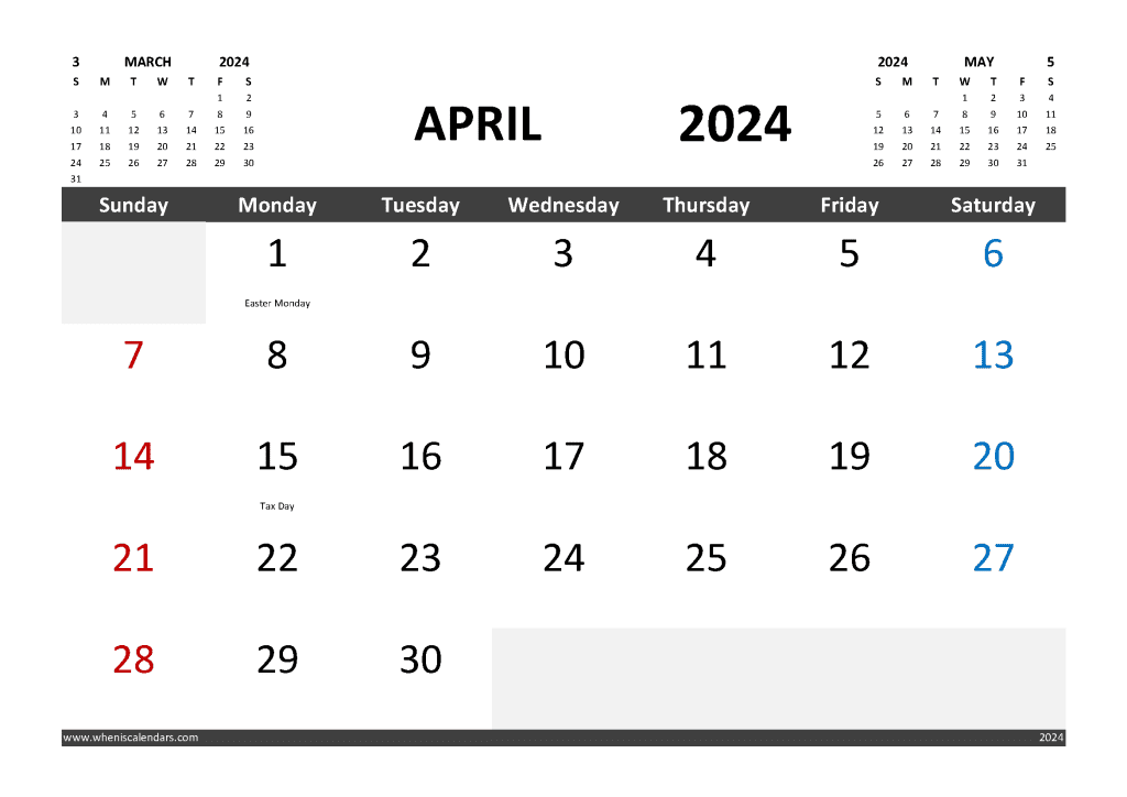 Free April 2024 Calendar Template With Holidays