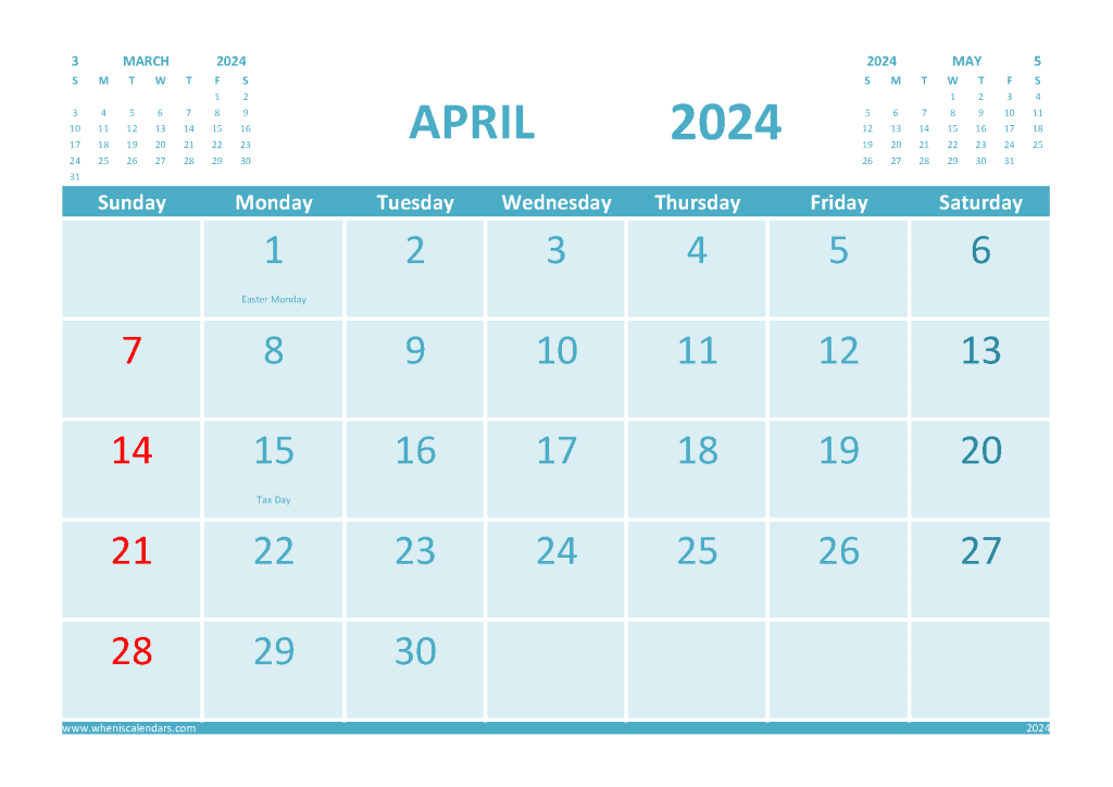 April 2024 Calendar With Holidays Free Printable