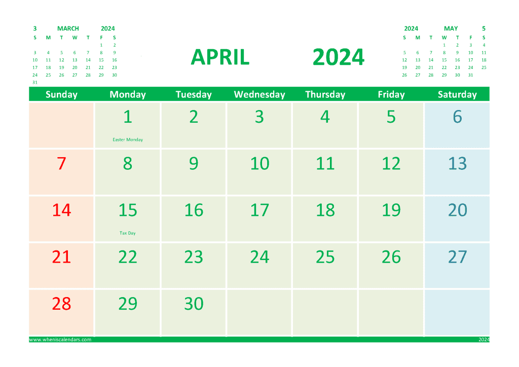 April 2024 Calendar With Holidays Printable For Free