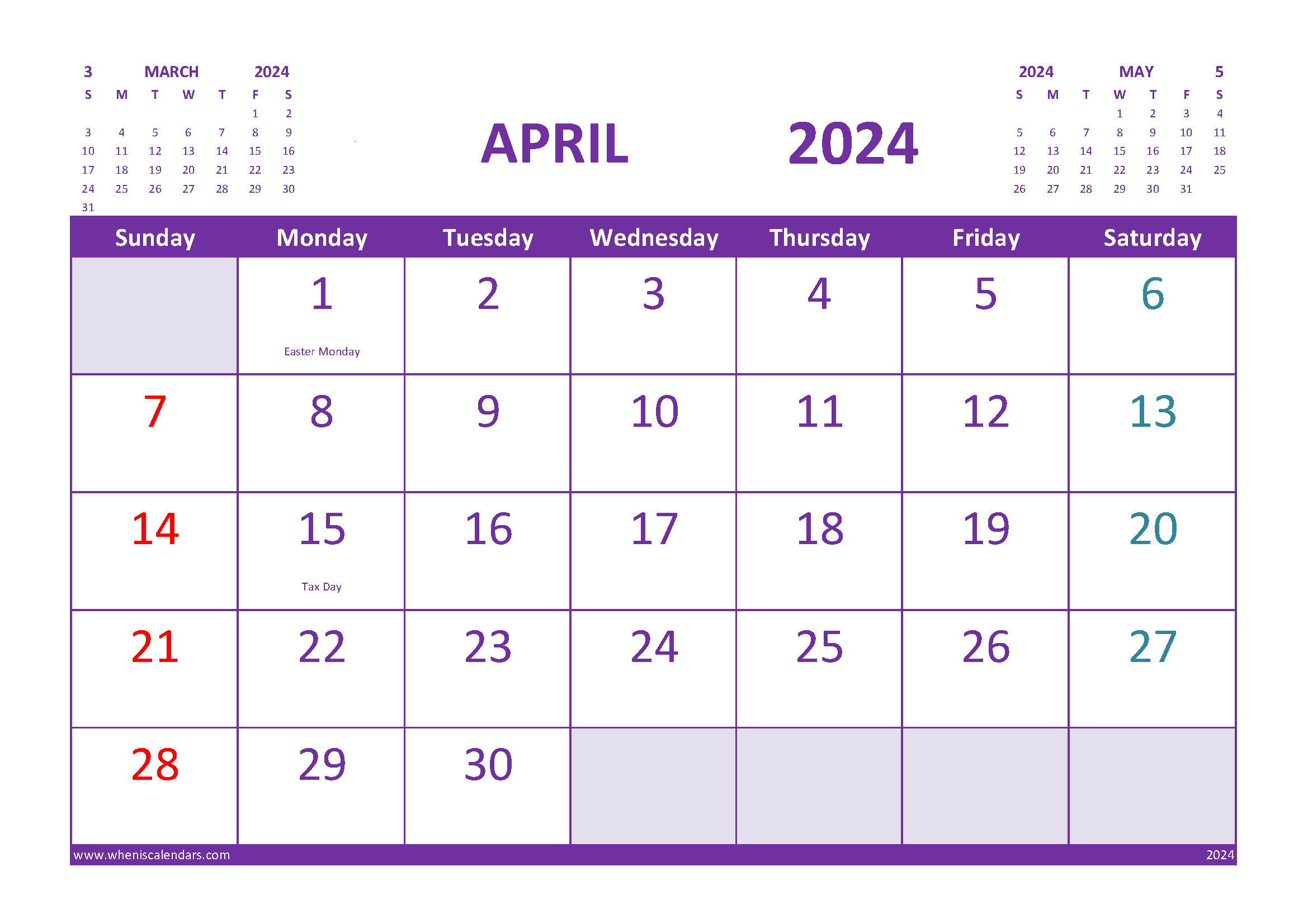 Free Printable Calendar April 2024 With Holidays