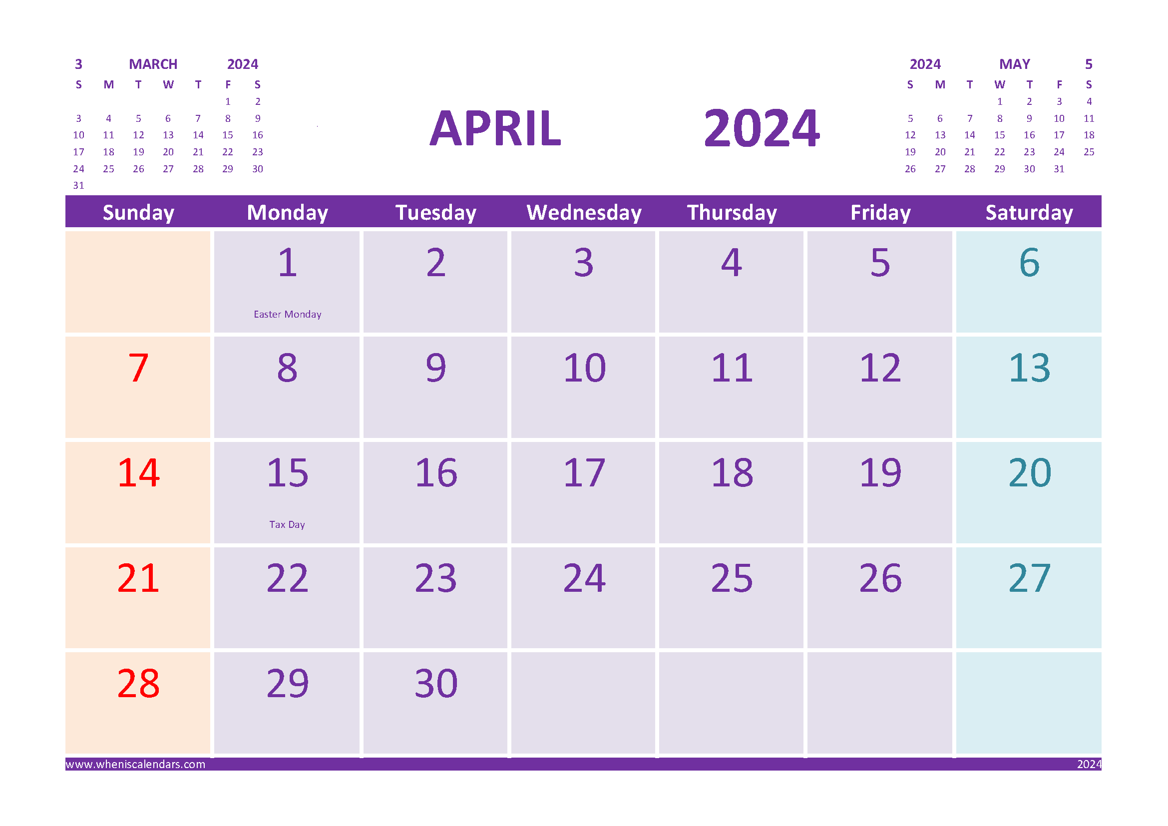 Free Printable April 2024 Calendar With Holidays