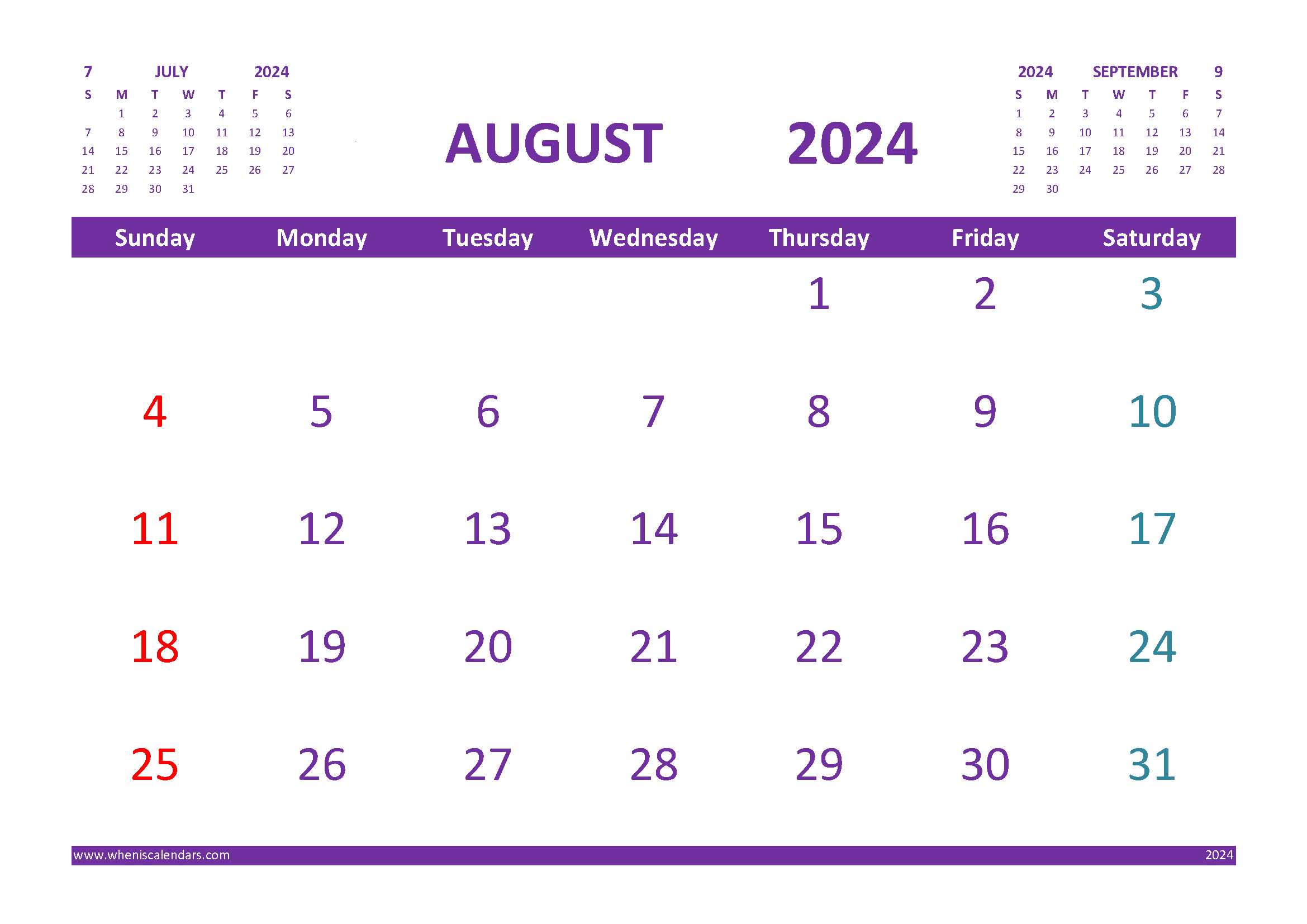 Free Printable Calendar for August 2024 with Holidays width=